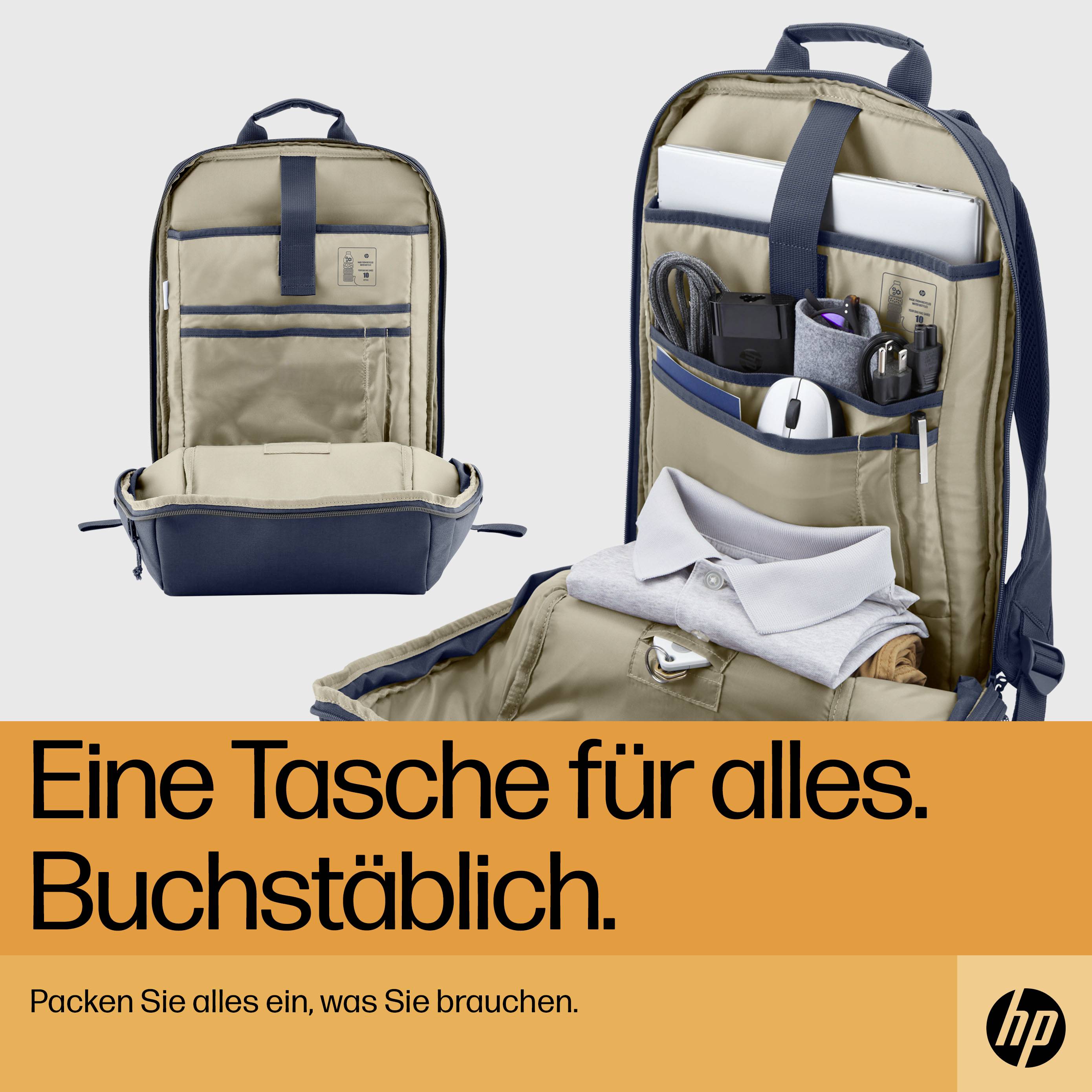 Die Abbildung zeigt eine geöffnete Tasche mit Fächern, gefüllt mit Gegenständen wie Laptop und Kabel. Text: 'Eine Tasche für alles. Buchstäblich.'