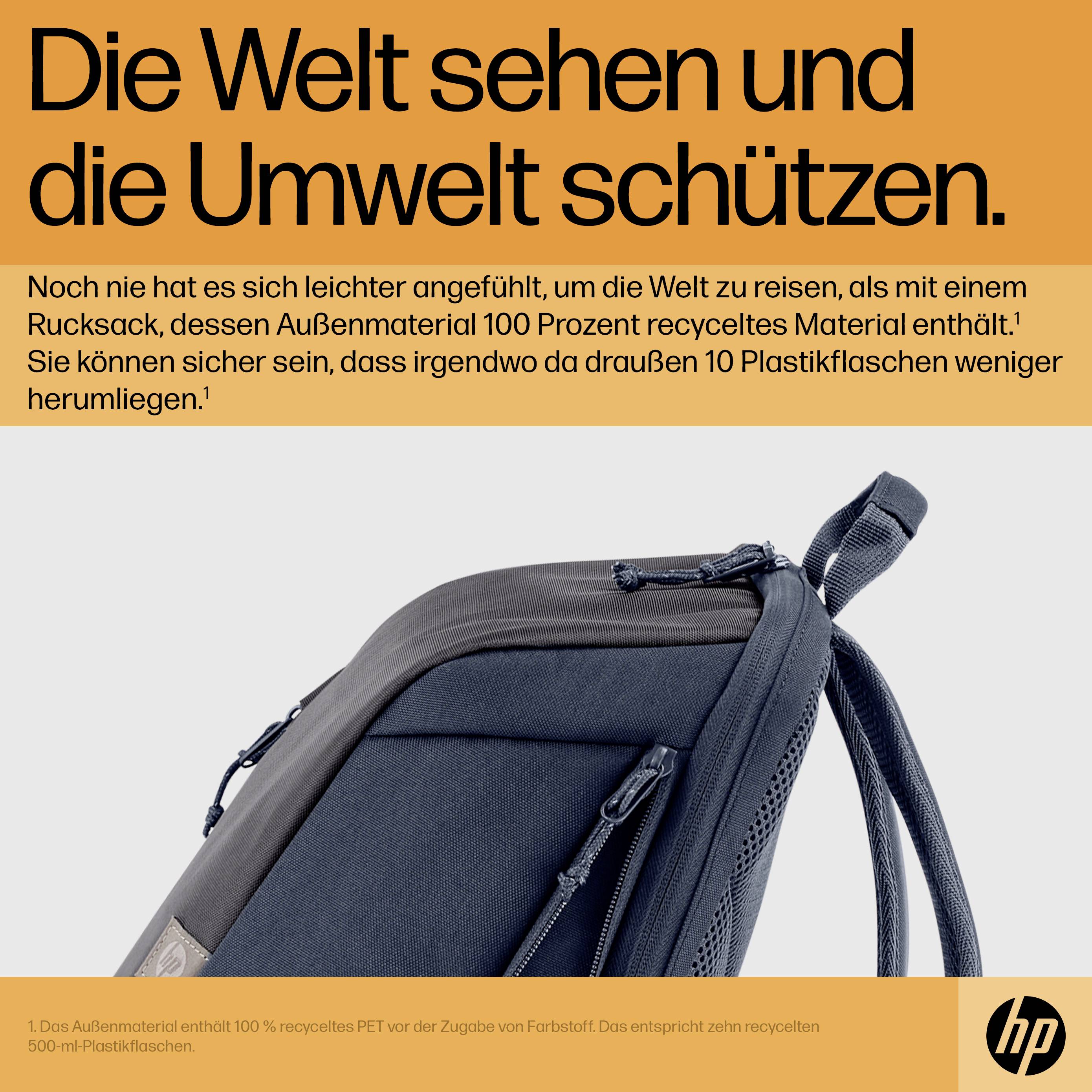 Rucksack aus 100% recyceltem Material, beworben als umweltfreundliche Wahl für Reisen. HP-Logo unten rechts.