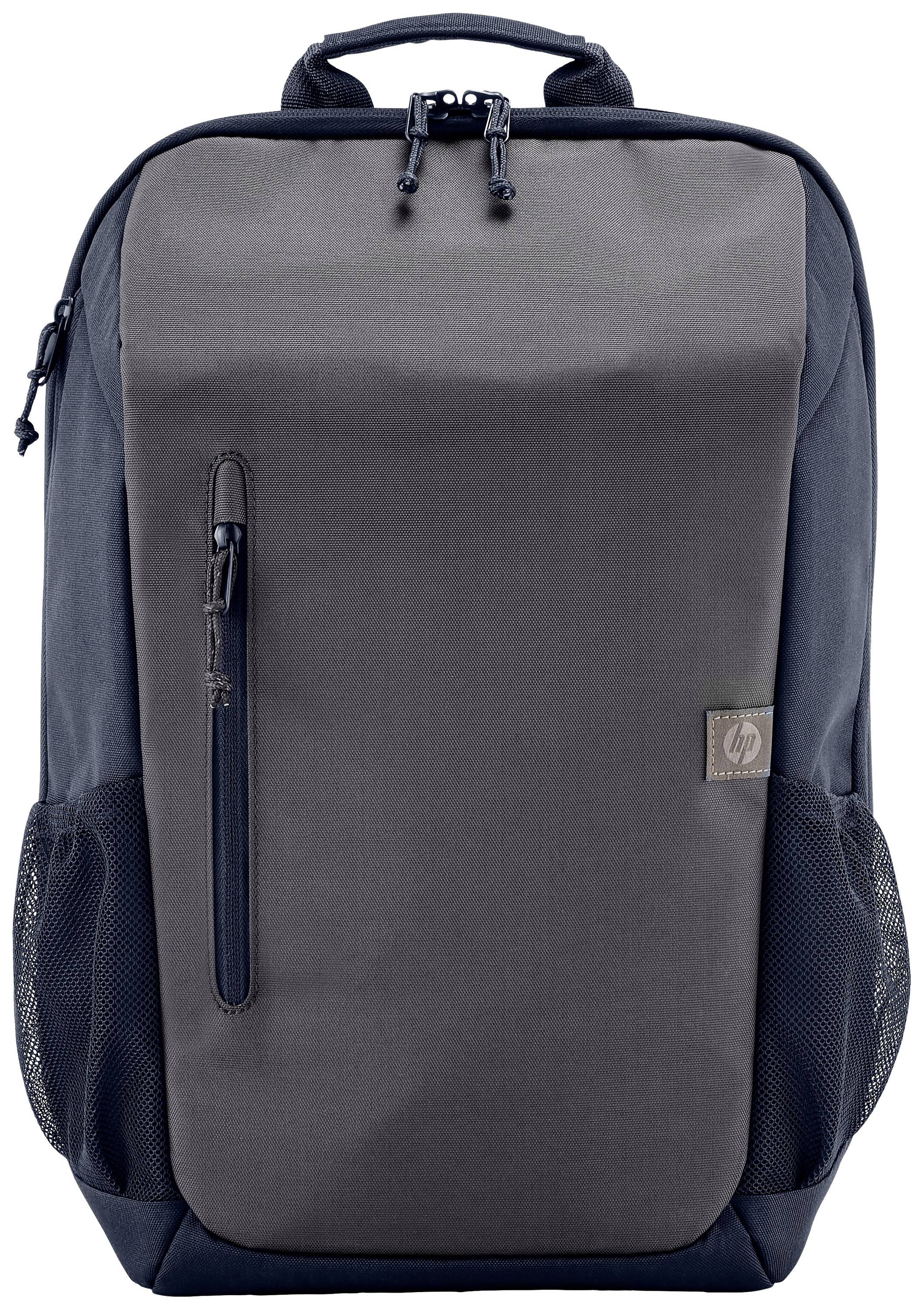 Ein grauer Rucksack mit schwarzen Akzenten, einem vorderen Reißverschlussfach und seitlichen Mesh-Taschen.