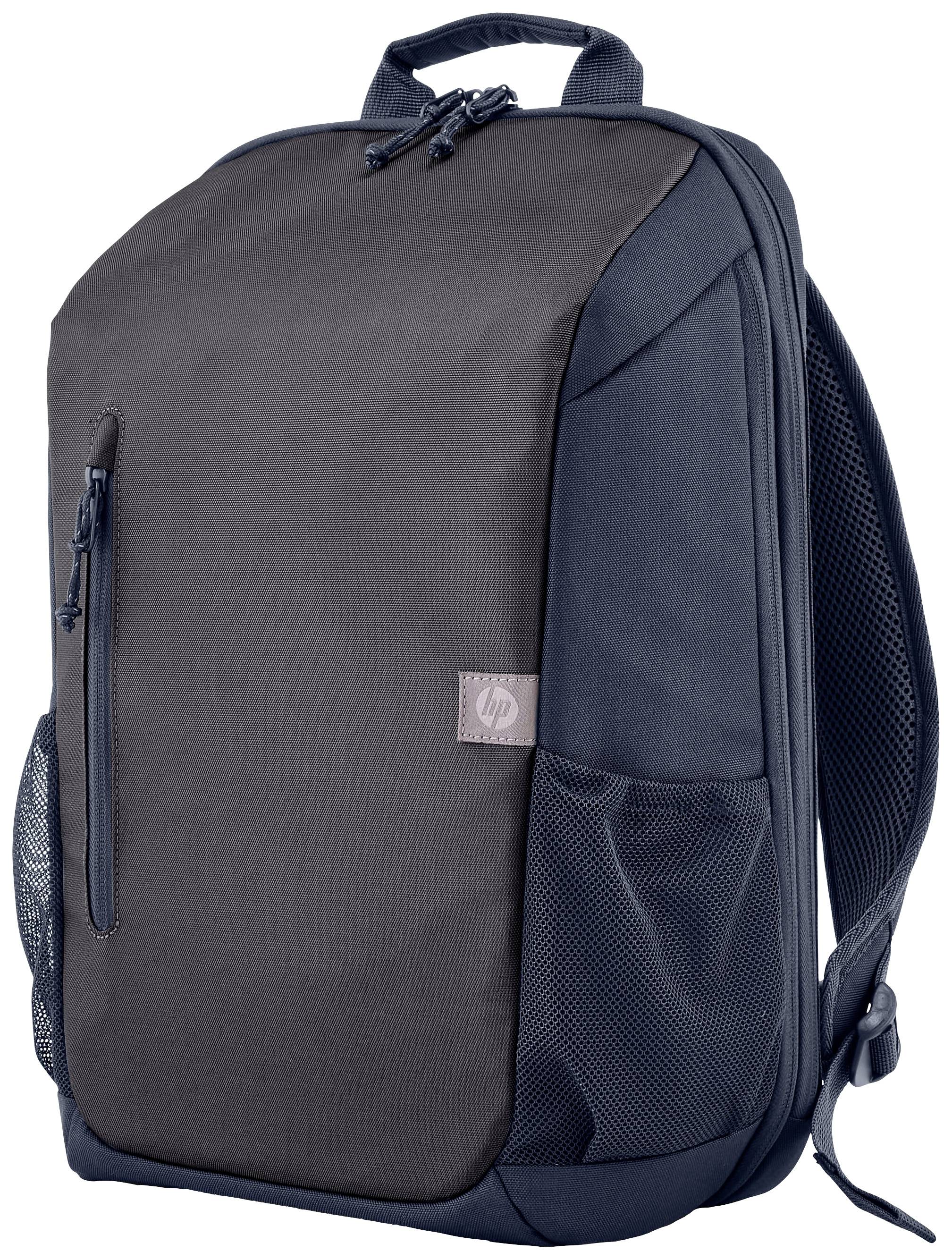 Schwarzer Rucksack mit mehreren Fächern und Netzseitentaschen, geeignet für Laptops.