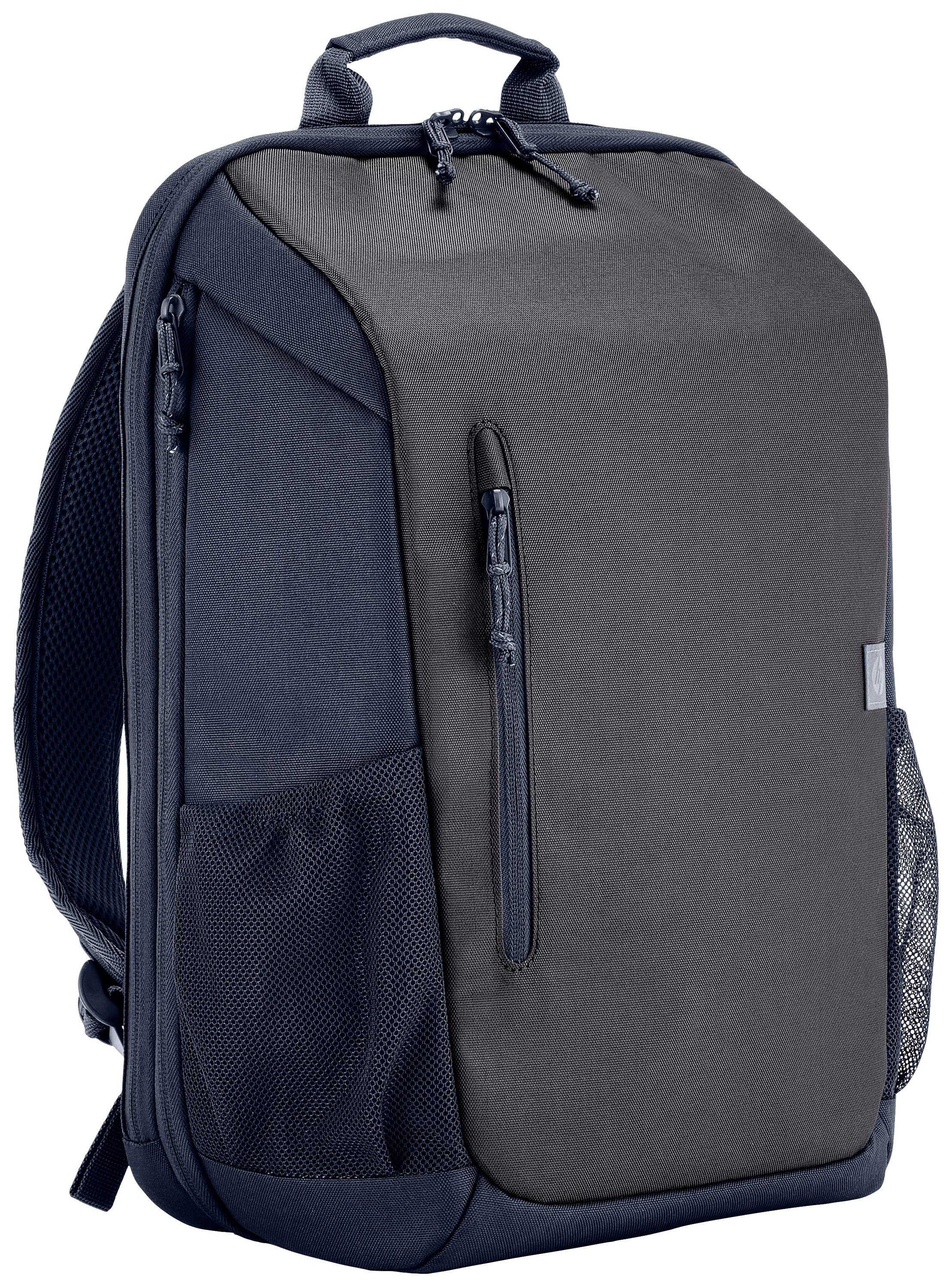 Ein moderner, dunkelgrauer Rucksack mit mehreren Fächern und Taschen. Er hat einen Tragegriff und gepolsterte Schultergurte.