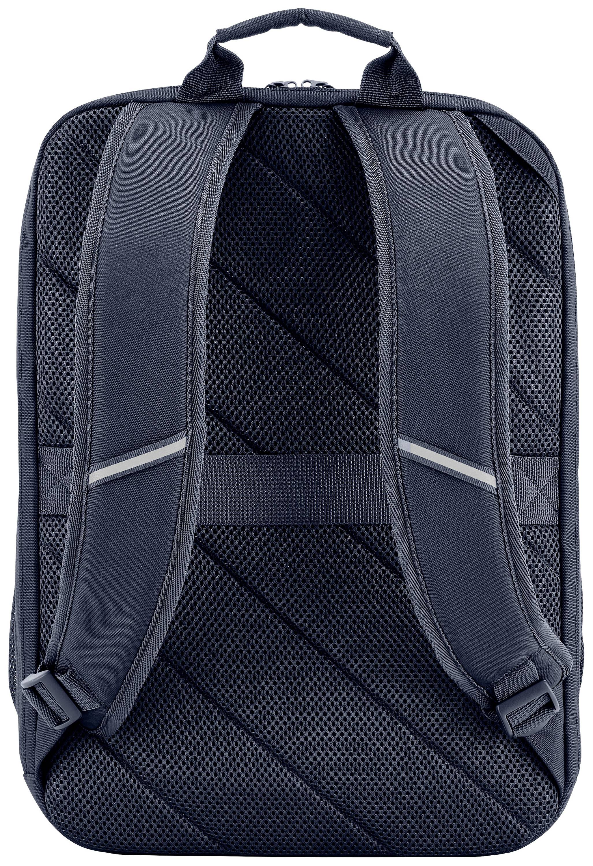 Ein dunkler Rucksack von hinten mit gepolsterten, verstellbaren Trägern und einem Tragegriff oben.