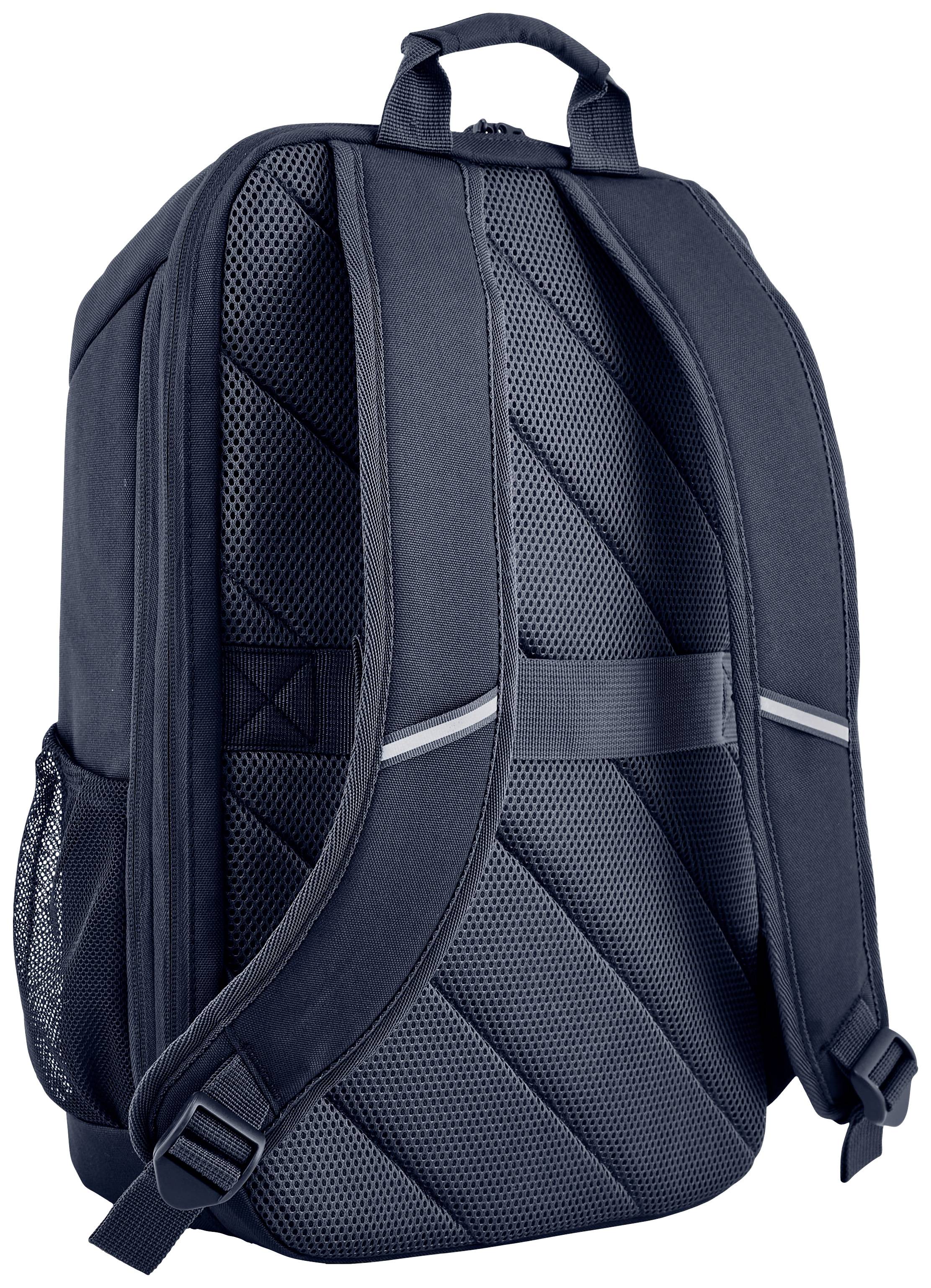 Schwarzer Rucksack mit gepolsterten Trägern und Netzseitentasche, Rückansicht. Ideal für Reisen und Outdoor-Aktivitäten.