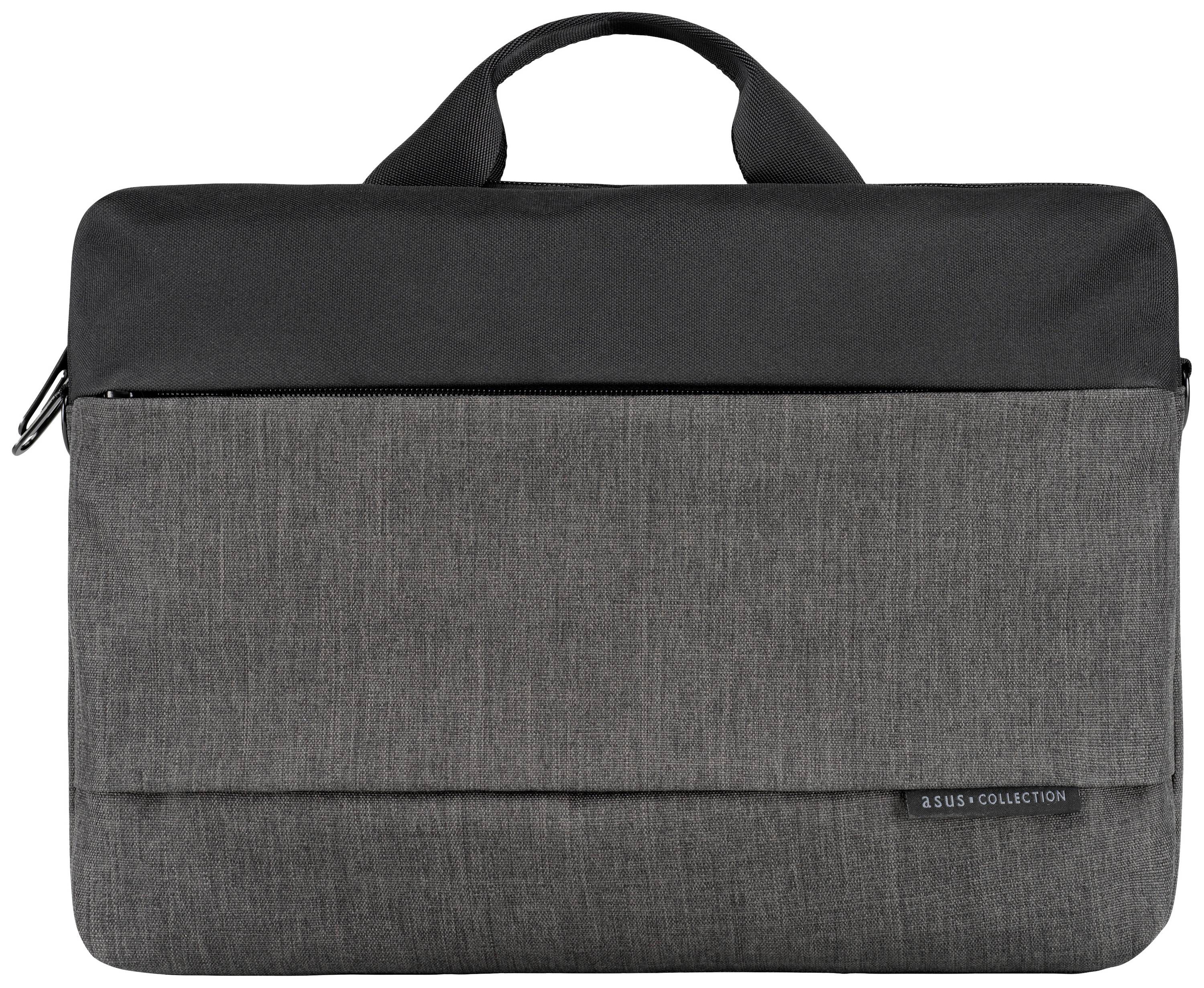 Eine graue Laptoptasche mit schwarzem Reißverschluss, Tragegriff und kleiner schwarzer Etikette '3 Süsis Collection'.