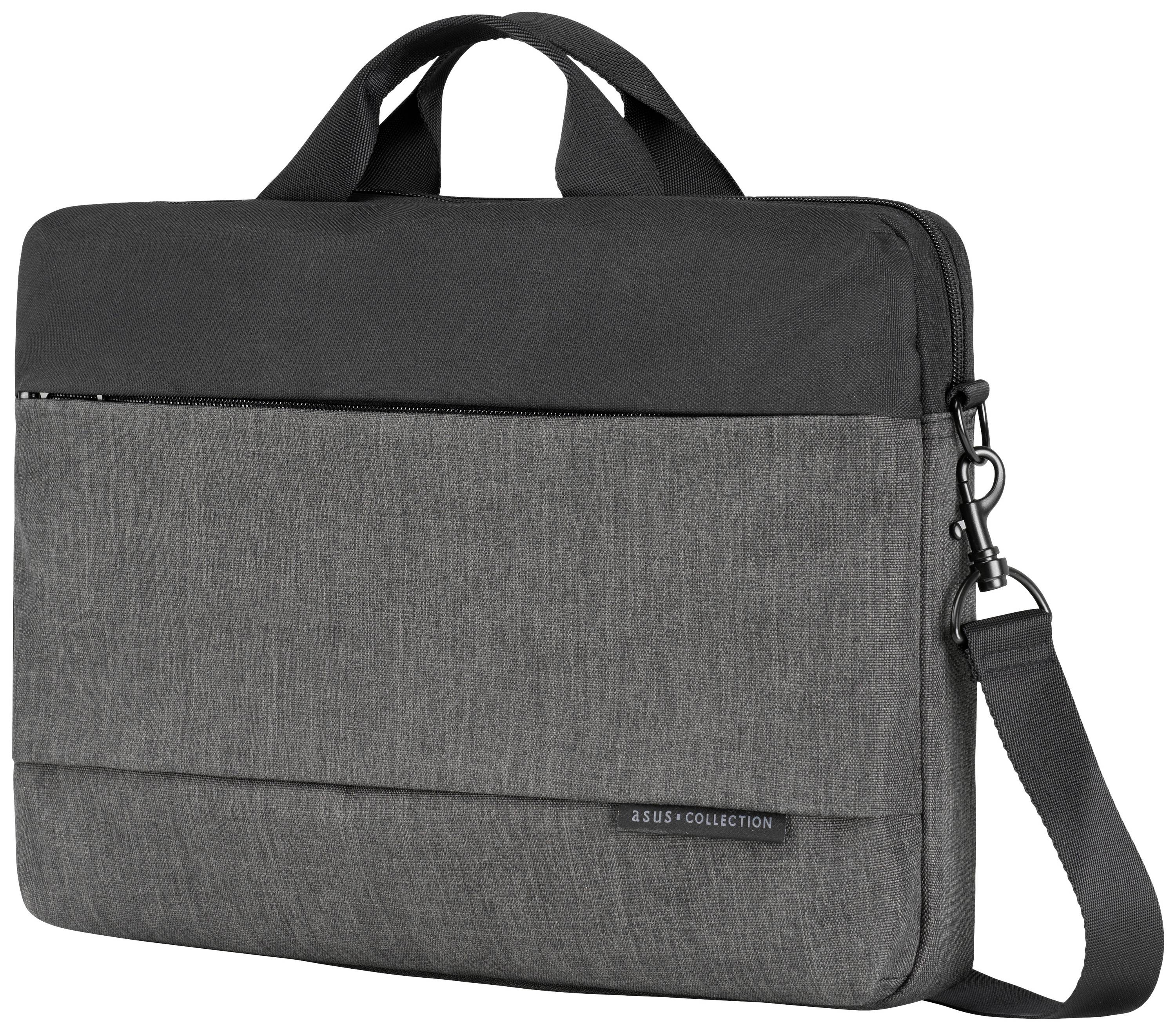 Eine graue und schwarze Laptoptasche mit Tragegriff und Schulterriemen, geeignet für Laptops bis 15 Zoll.