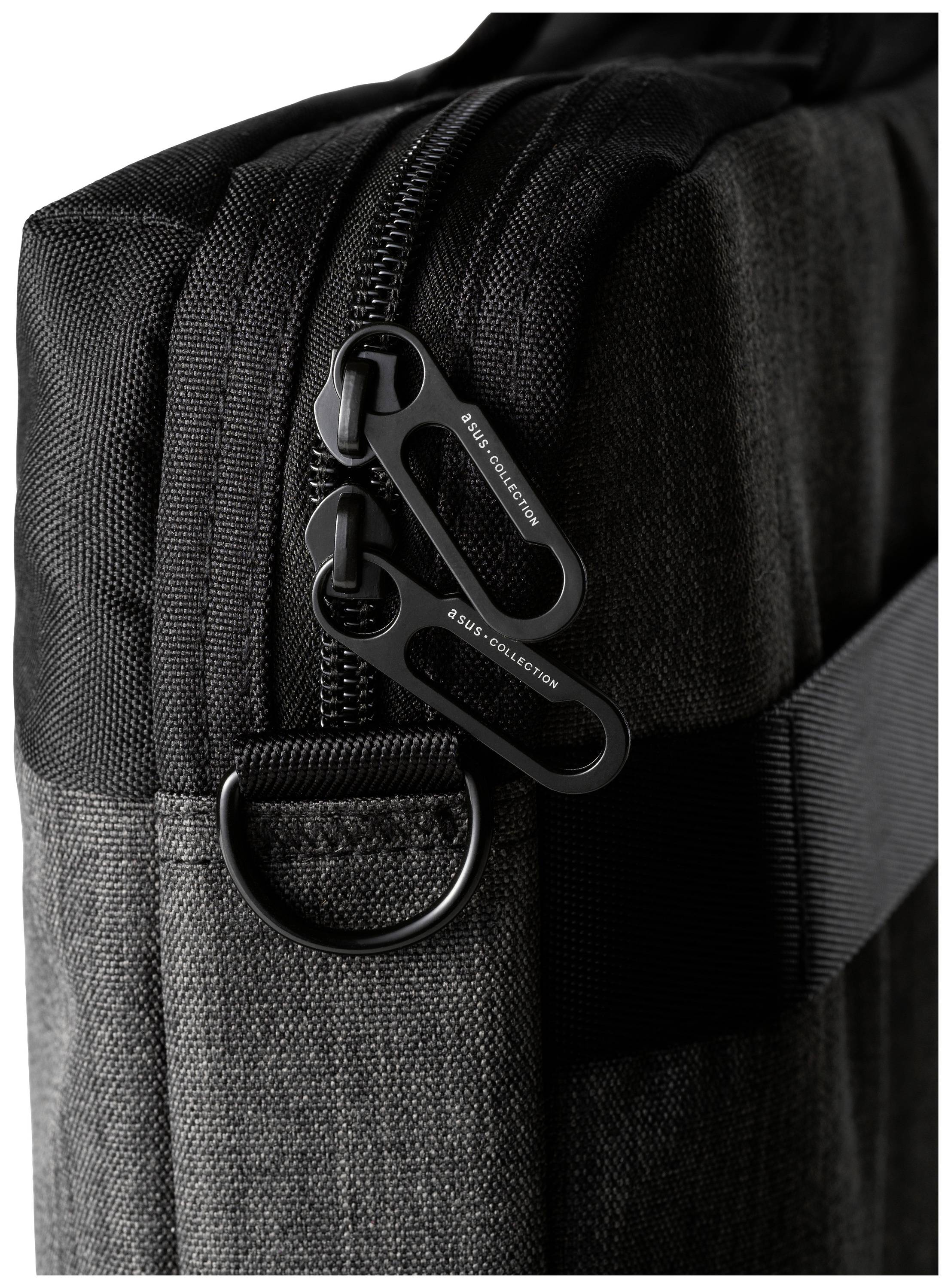 Graue Tasche mit Reißverschluss und Metallring. Der Reißverschluss hat zwei Anhänger mit der Aufschrift 'Samsonite' und 'SPIN Collection'.