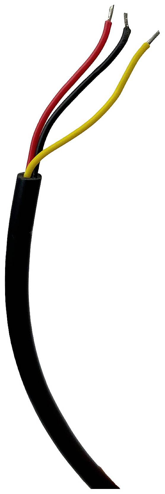 Ein schwarzes Kabel mit drei herausragenden Drähten in Rot, Schwarz und Gelb, auf weißem Hintergrund, zeigt die Adern des Kabels.