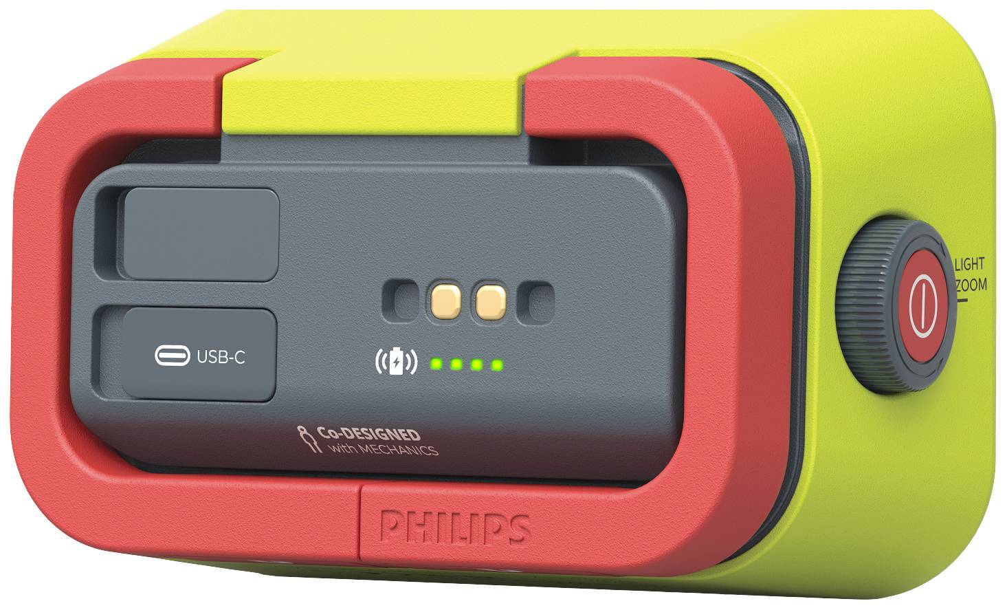 Ein rechteckiger, batteriebetriebener Projektor mit buntem Gehäuse. Er besitzt USB-C-Anschluss und Lautstärketasten.