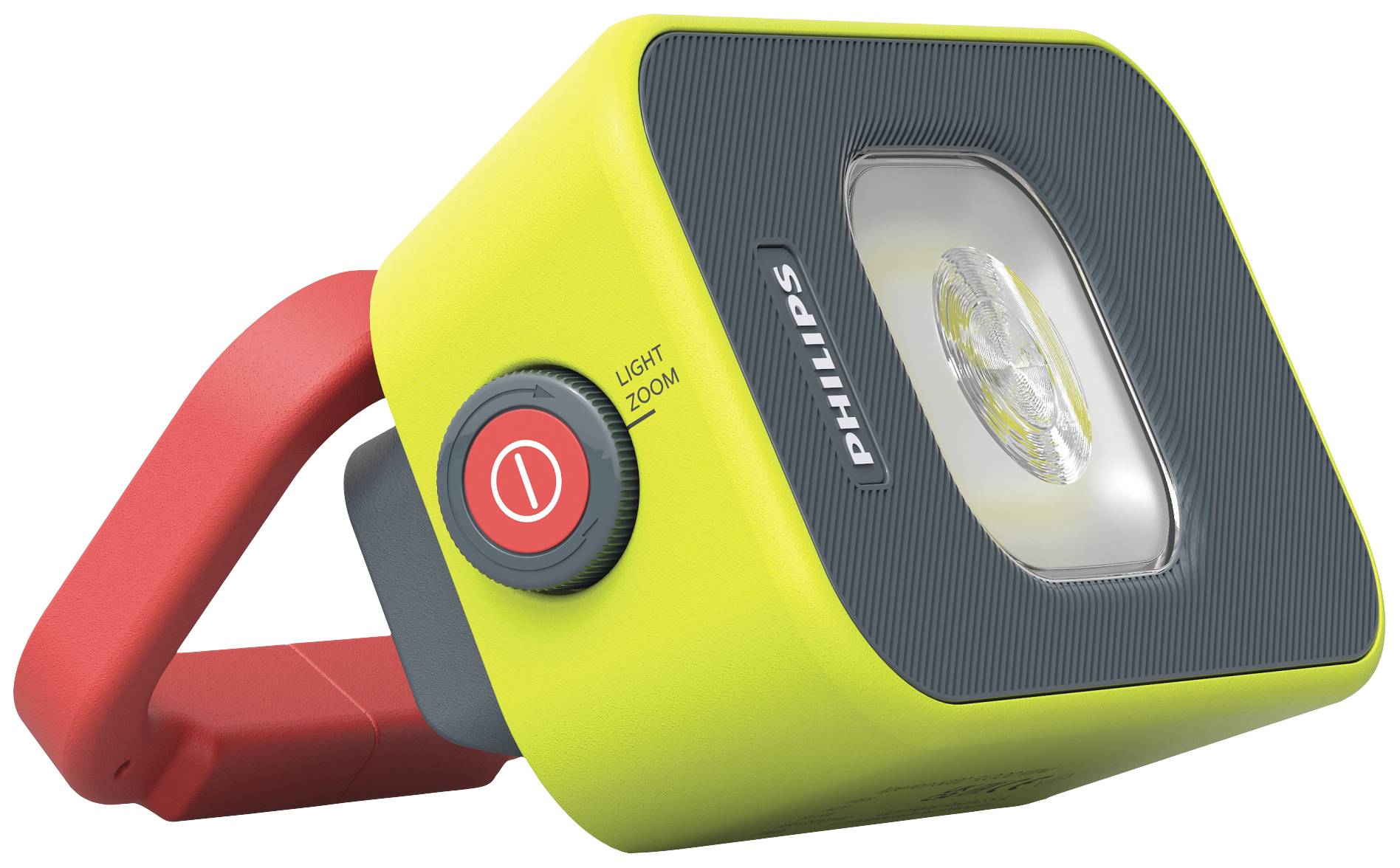 Tragbare gelbe Taschenlampe mit rotem Griff, einem Ein-/Ausschalter und einem fokussierbaren Lichtstrahl. Marke 'Philips' sichtbar.