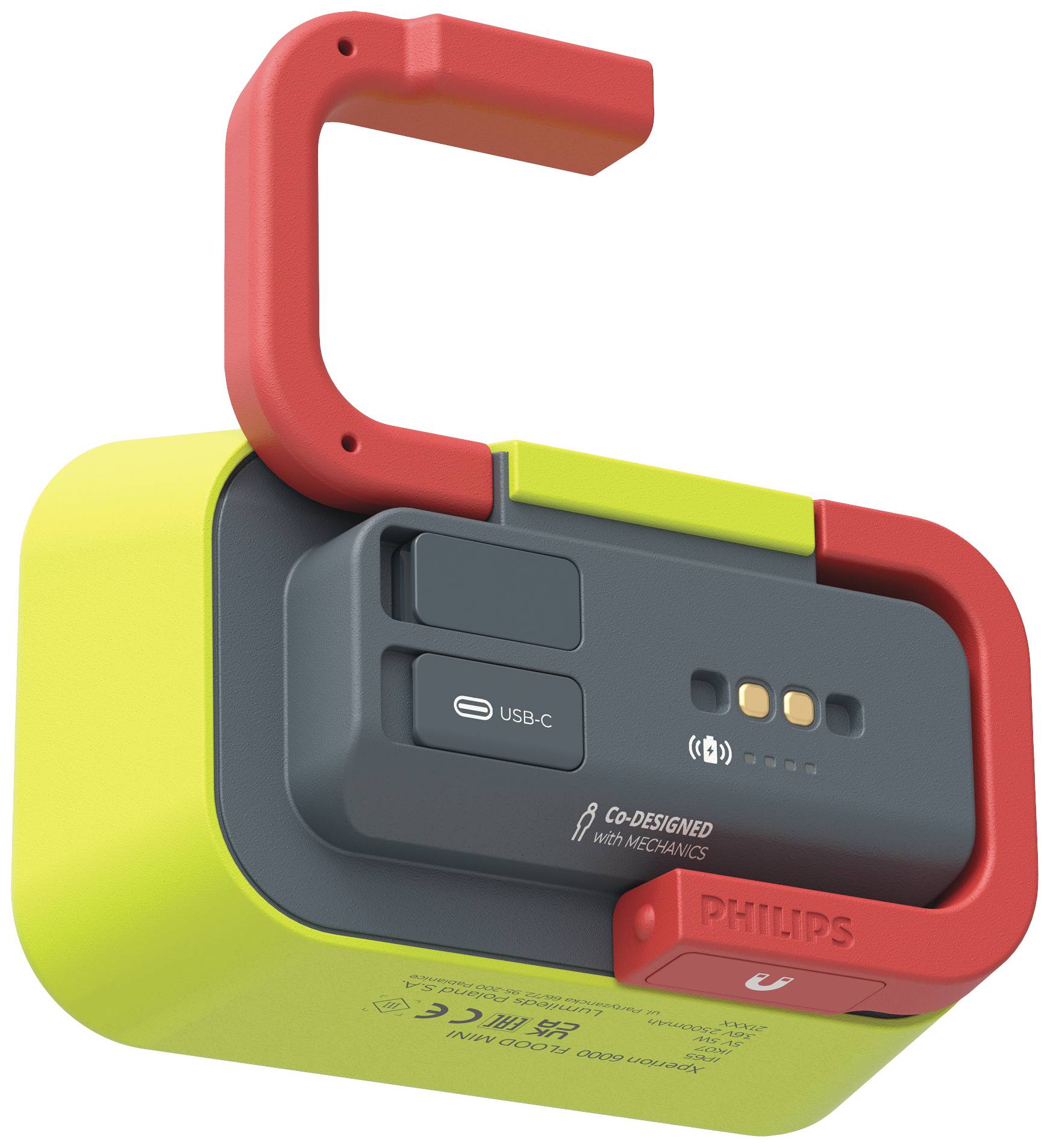 Ein tragbarer Philips Bluetooth-Lautsprecher in grün-gelber Farbe mit einem roten Haken, USB-C-Anschluss und LED-Anzeigen.