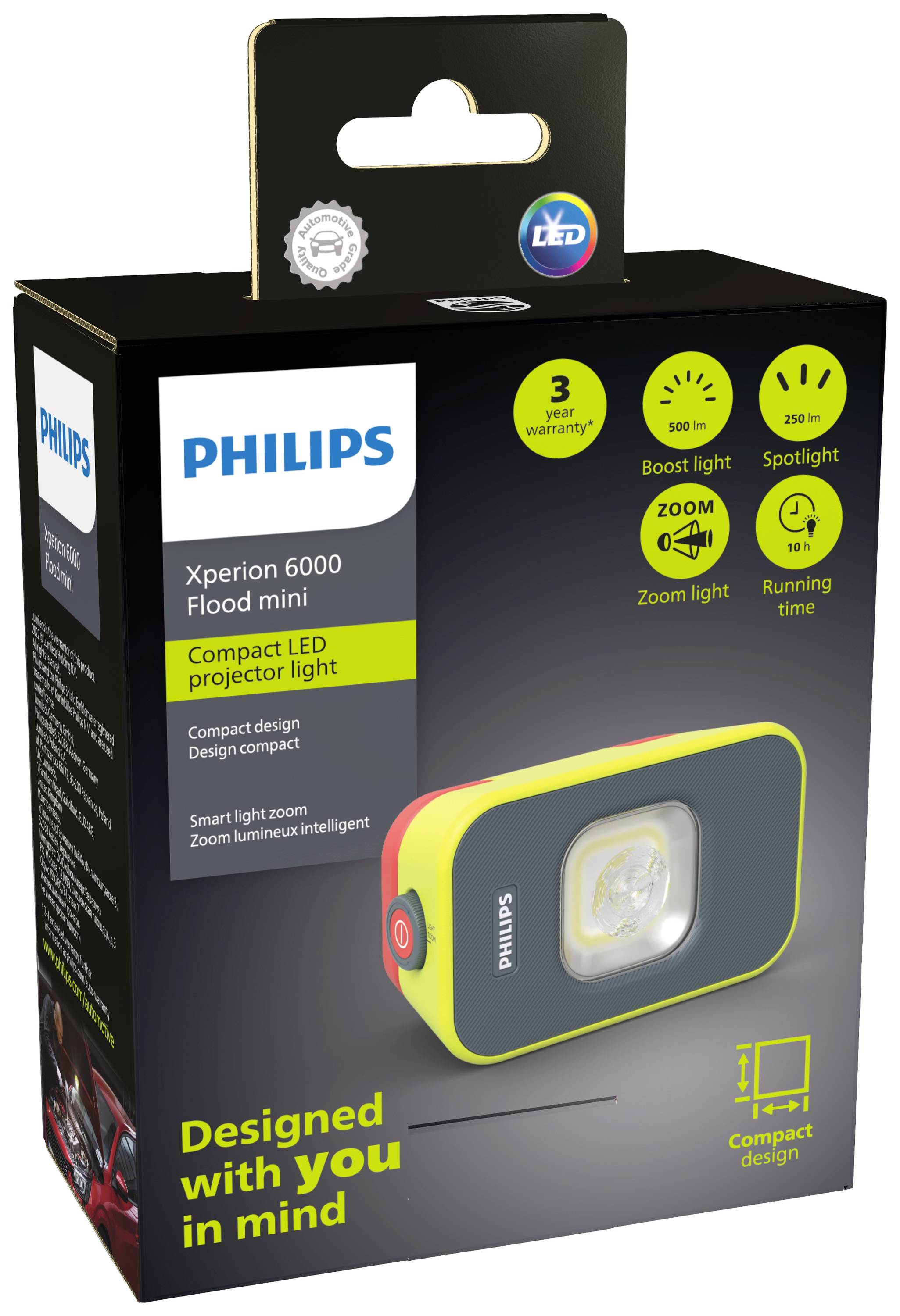 Kartonverpackung einer LED-Projektorleuchte von Philips. Hauptmerkmale: 6000 Lumen Helligkeit, energiesparend, 3 Jahre Garantie.