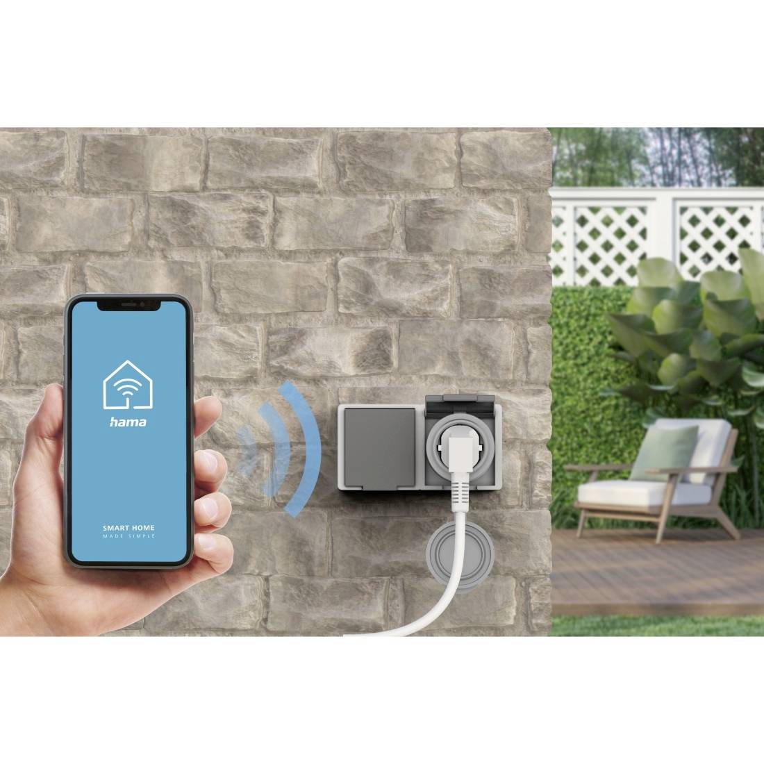 hama 00176624 WLAN-Steckdose "Outdoor" ohne Hub, Sprach- u. App-Steuerung, 2.300W/10A, Gr