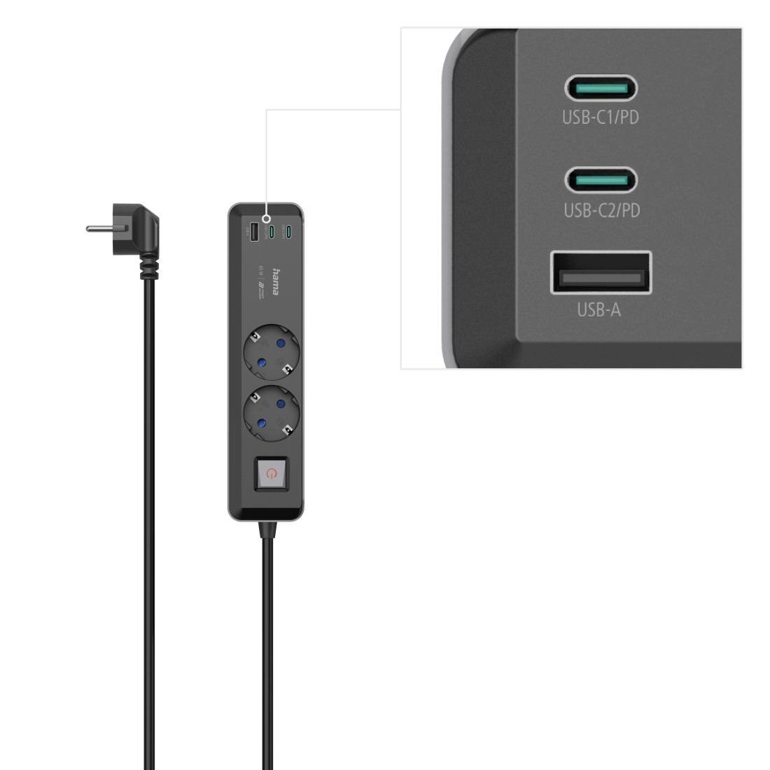 Schwarze Mehrfachsteckdose mit drei Steckplätzen, zwei USB-C- und einem USB-A-Anschluss. Markierungen zeigen 'USB-C1/PD', 'USB-C2/PD' und 'USB-A'.