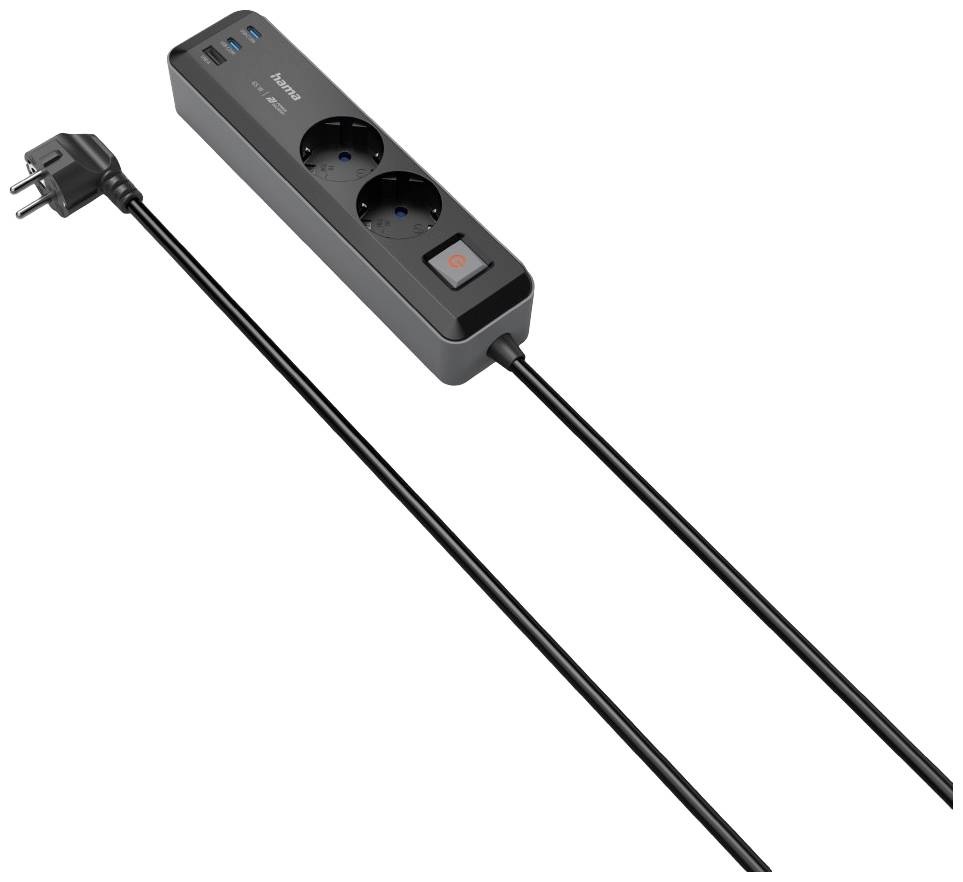 Mehrfachsteckdose mit zwei Schuko-Steckplätzen, einem Schalter und drei USB-Anschlüssen. Das Kabel ist lang und endet mit einem Schukostecker.