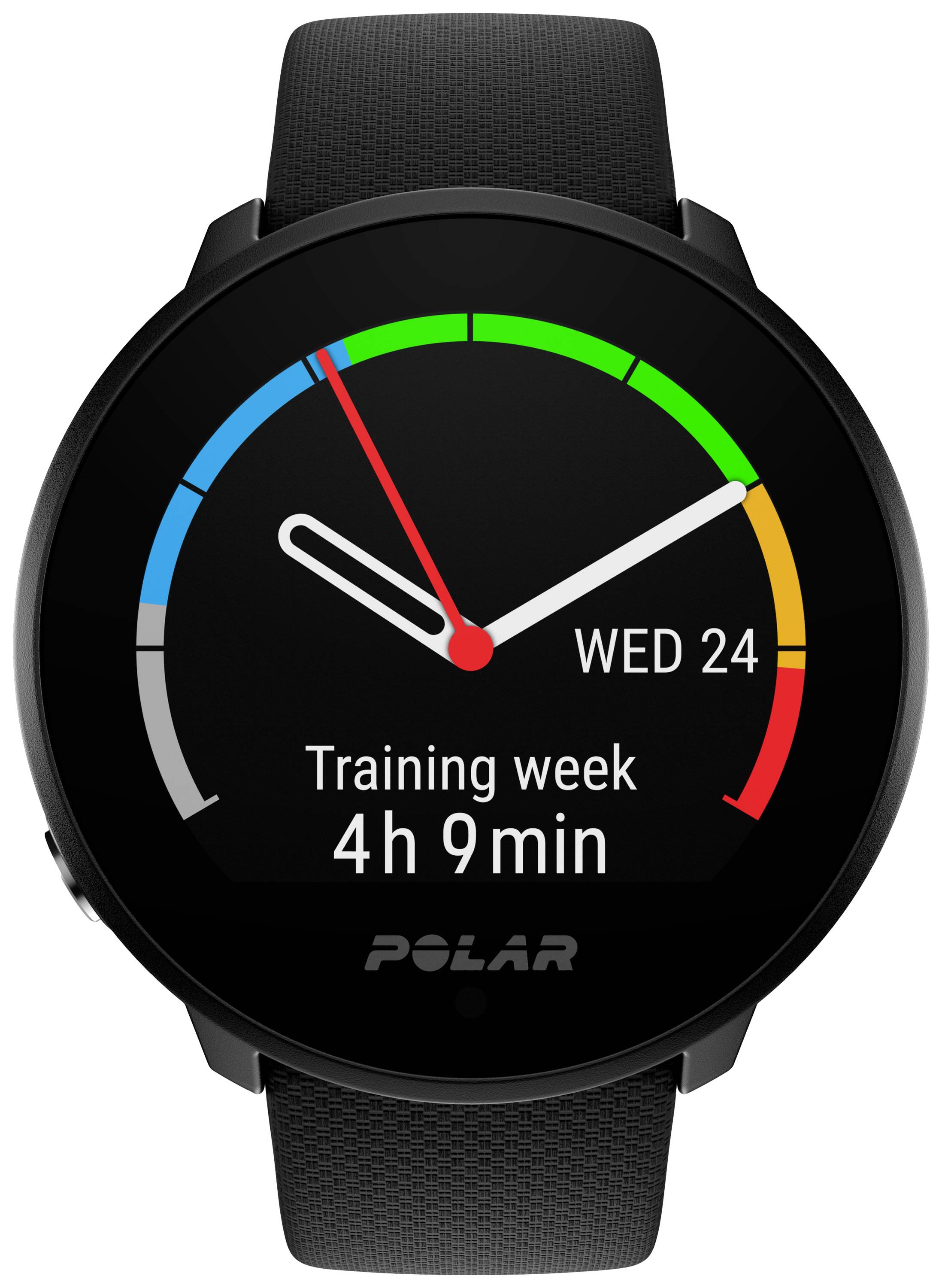 Schwarze Smartwatch zeigt Trainingswochenübersicht mit einem Balkendiagramm. Anzeige: 'Training week', 4 Stunden 9 Minuten, Mittwoch 24.