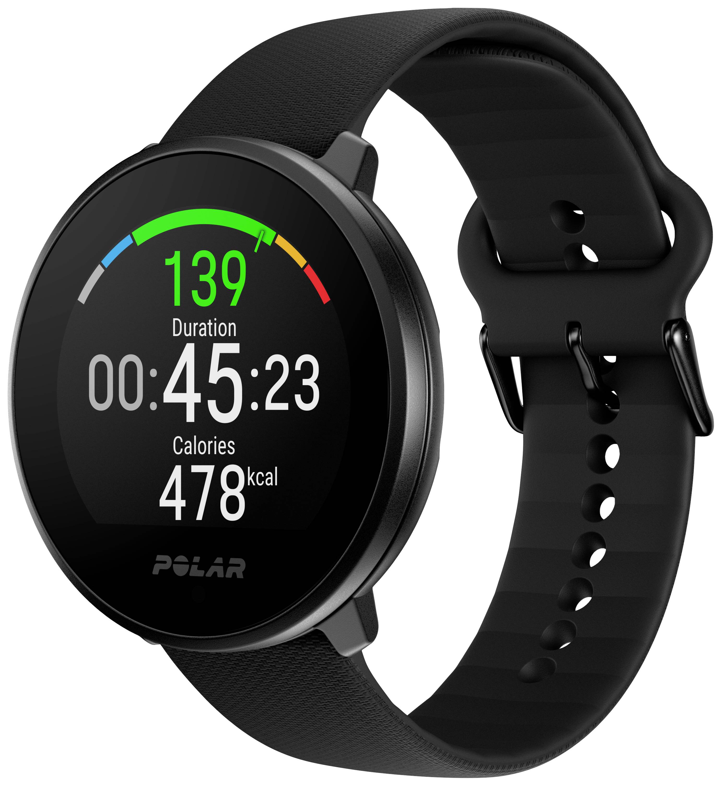 Eine Smartwatch zeigt Herzfrequenz mit 139 bpm, Dauer 45:23 Minuten und Kalorienverbrauch von 478 kcal an.