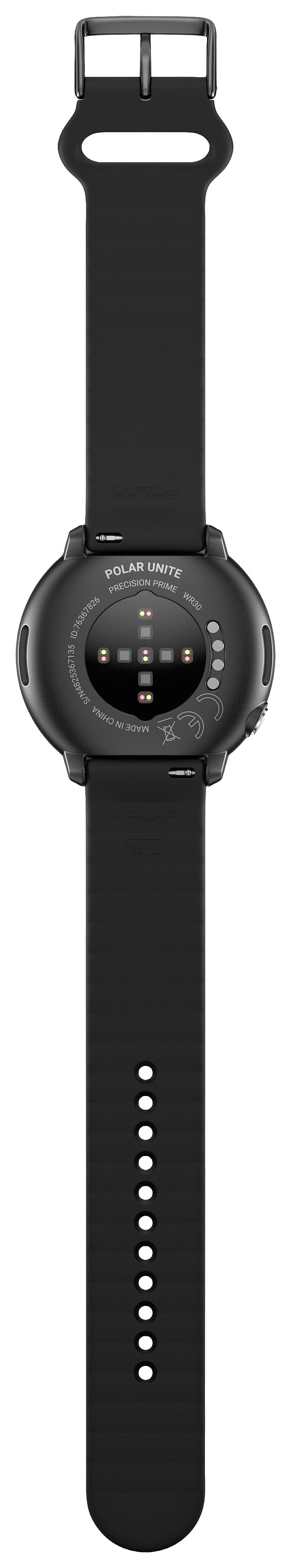 Schwarze Smartwatch mit rundem Gehäuse und zwei Knöpfen an den Seiten. Display zeigt bunte, kreisförmige grafische Elemente.