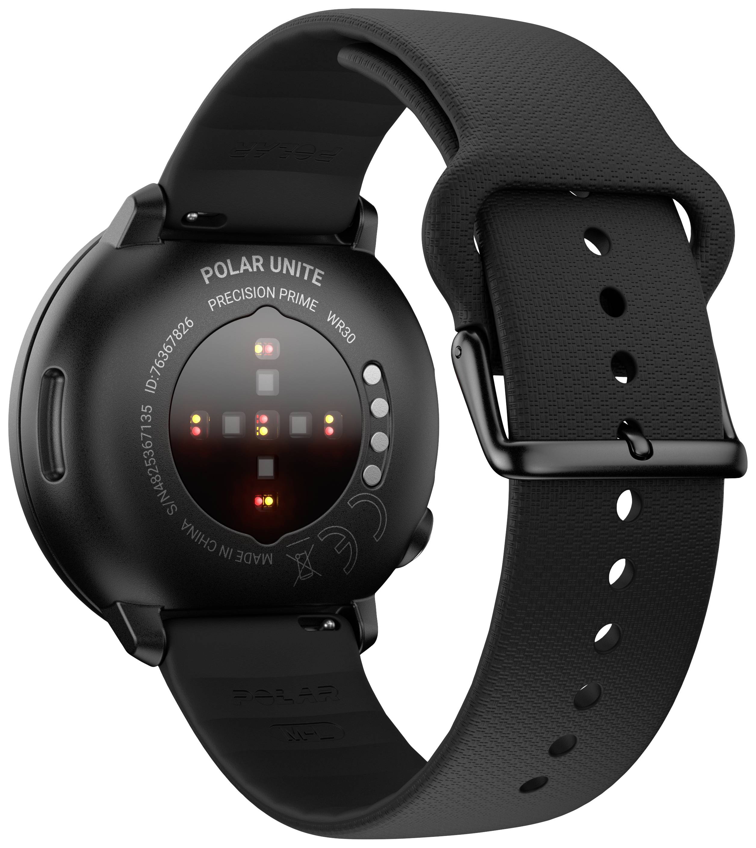 Die Rückseite einer schwarzen Smartwatch mit Sensoren und Markenbeschriftung, zeigt Details der Pulsmessfunktion.