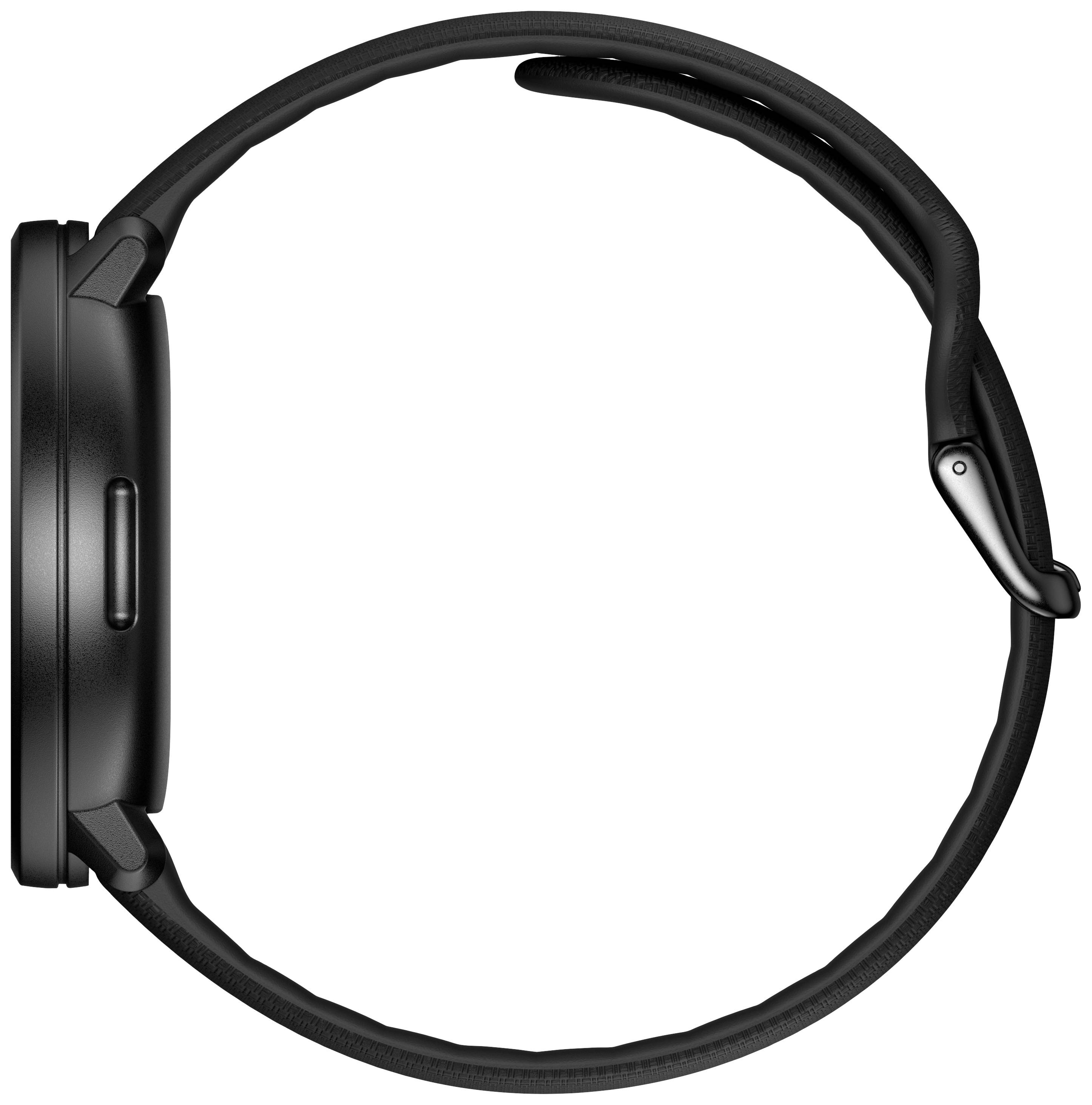 Schwarze Armbanduhr von der Seite mit rundem Gehäuse und schlichtem Design. Erkennbar sind das Uhrengehäuse und das Armband.