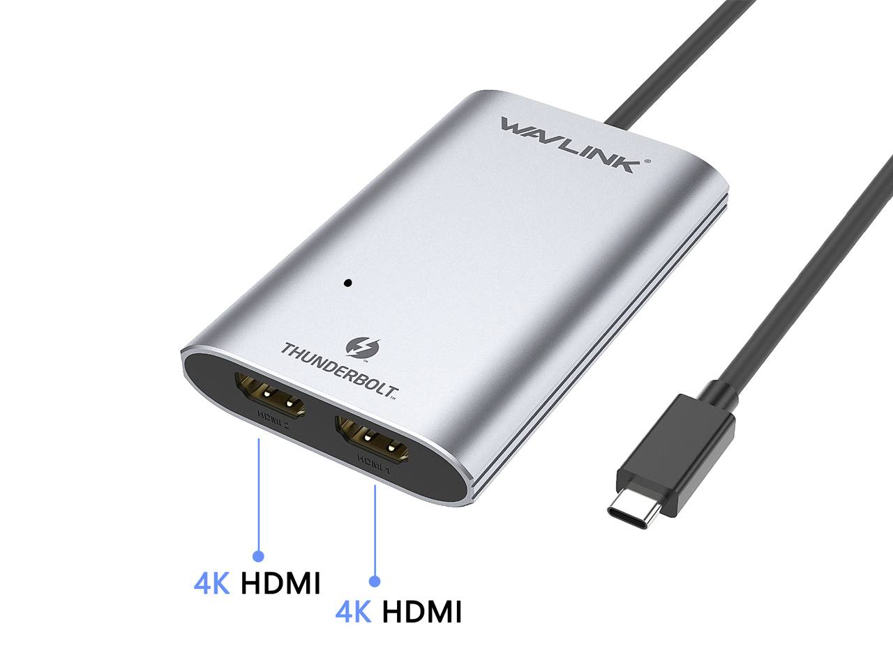 Ein silberner Thunderbolt-Adapter von Wavlink mit zwei 4K-HDMI-Anschlüssen und einem USB-C-Kabel, geeignet für hochauflösende Videoausgabe.