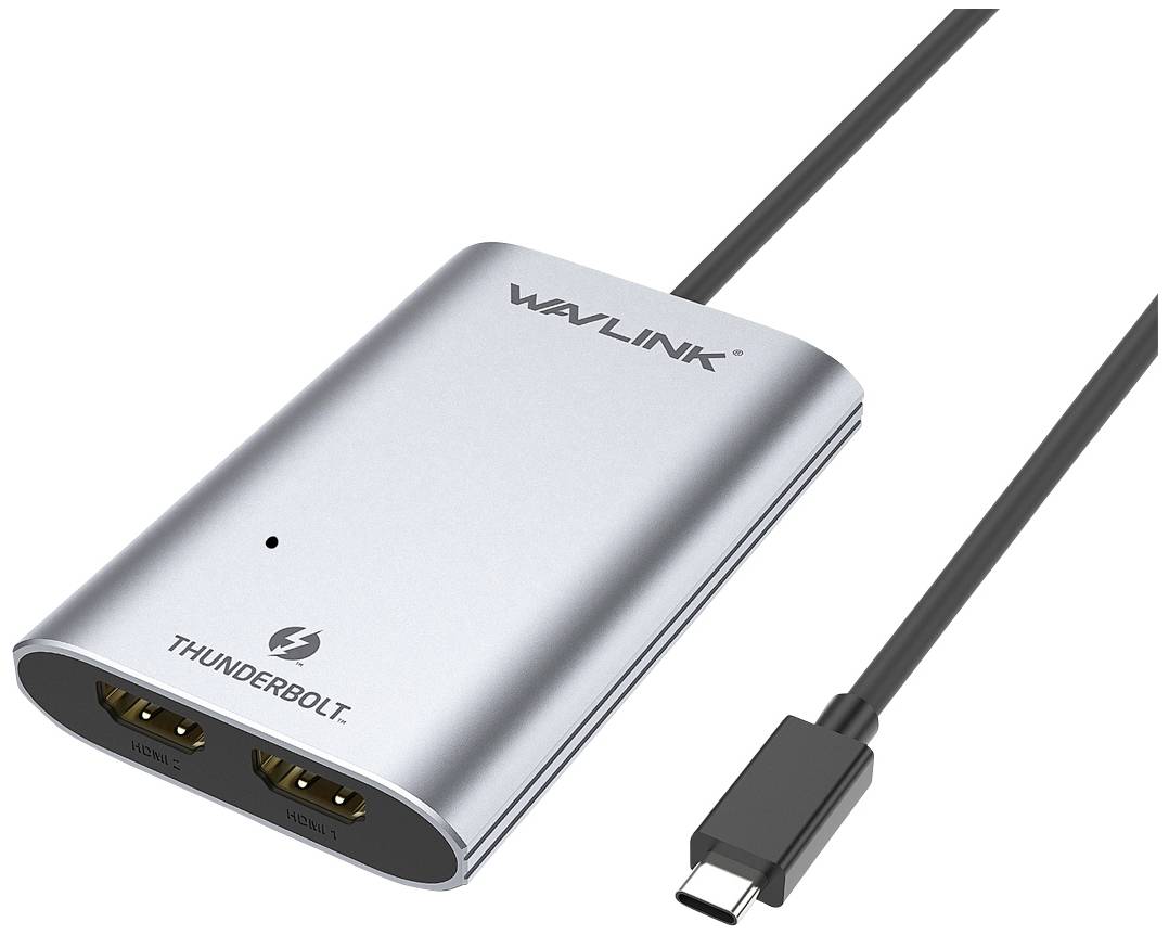 Thunderbolt-zu-HDMI-Adapter von Wavlink, silbernes Gehäuse mit zwei HDMI-Anschlüssen, verbunden über ein USB-C-Kabel.