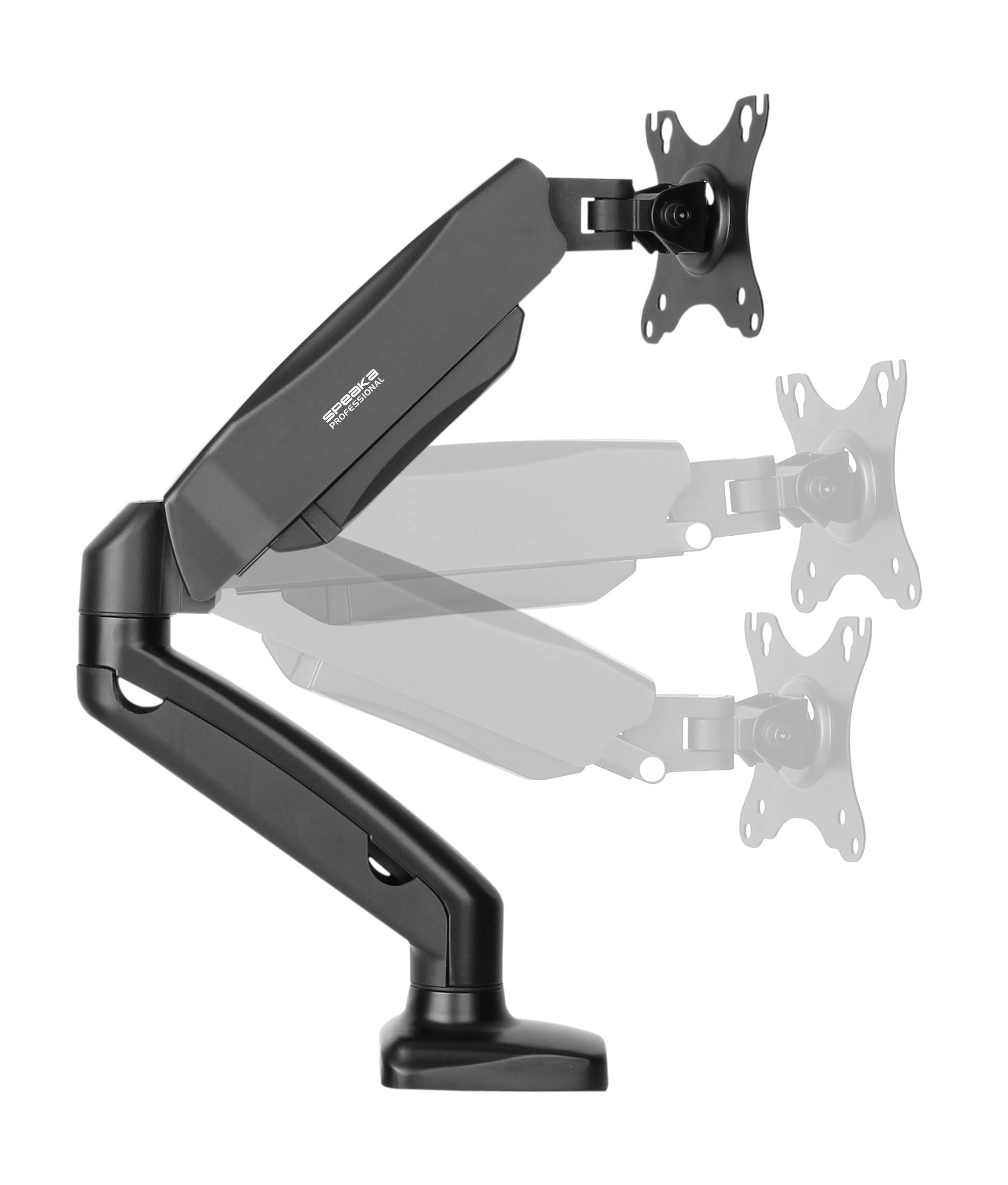 Monitorhalterung mit verstellbarem Arm in mehreren Positionen gezeigt, zur Befestigung von Bildschirmen, ergonomische Anpassung.