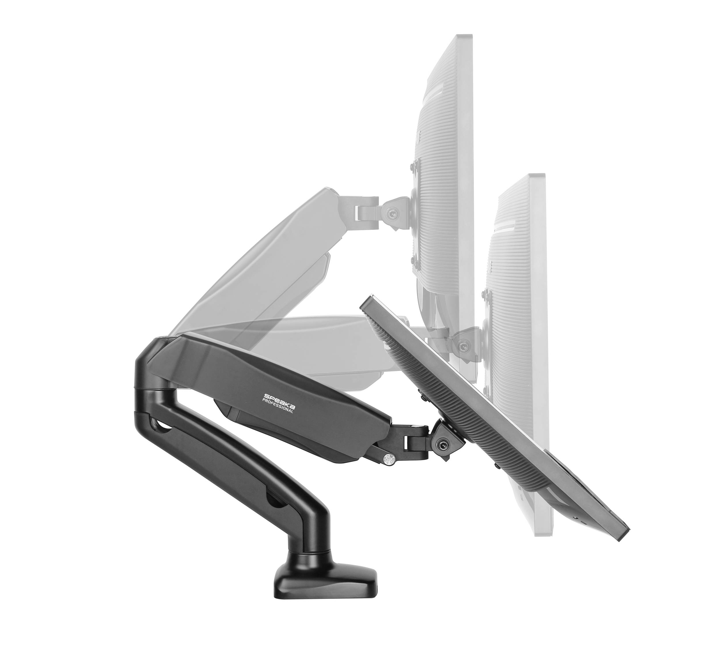 Image eines verstellbaren Monitorarms mit zwei Bildschirmen in unterschiedlichen Positionen, um Flexibilität und Ergonomie zu veranschaulichen.