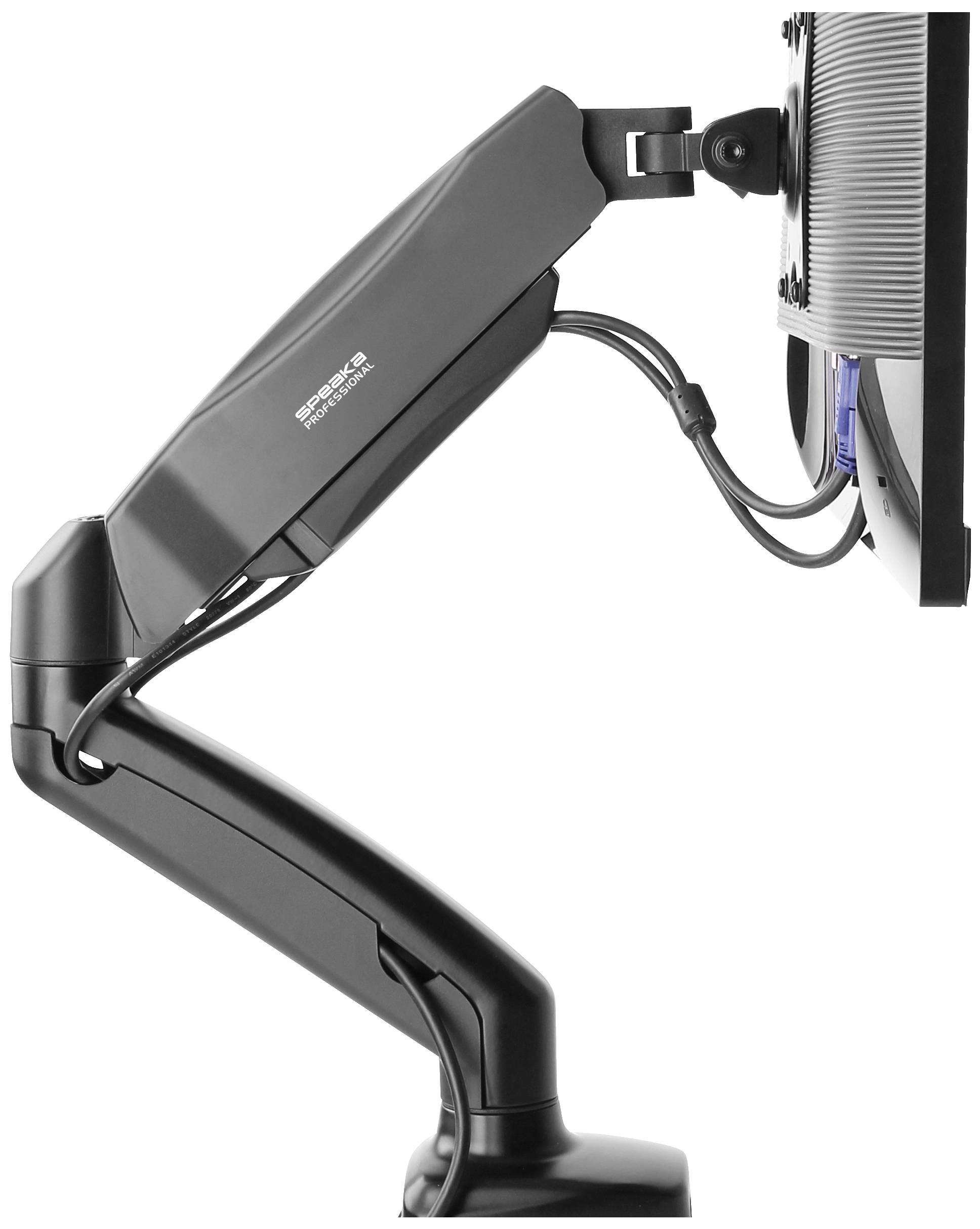 Ein Monitorarm hält einen flachen Bildschirm seitlich in der Luft, zeigt Kabel und ermöglicht flexible Bildschirmpositionierung.