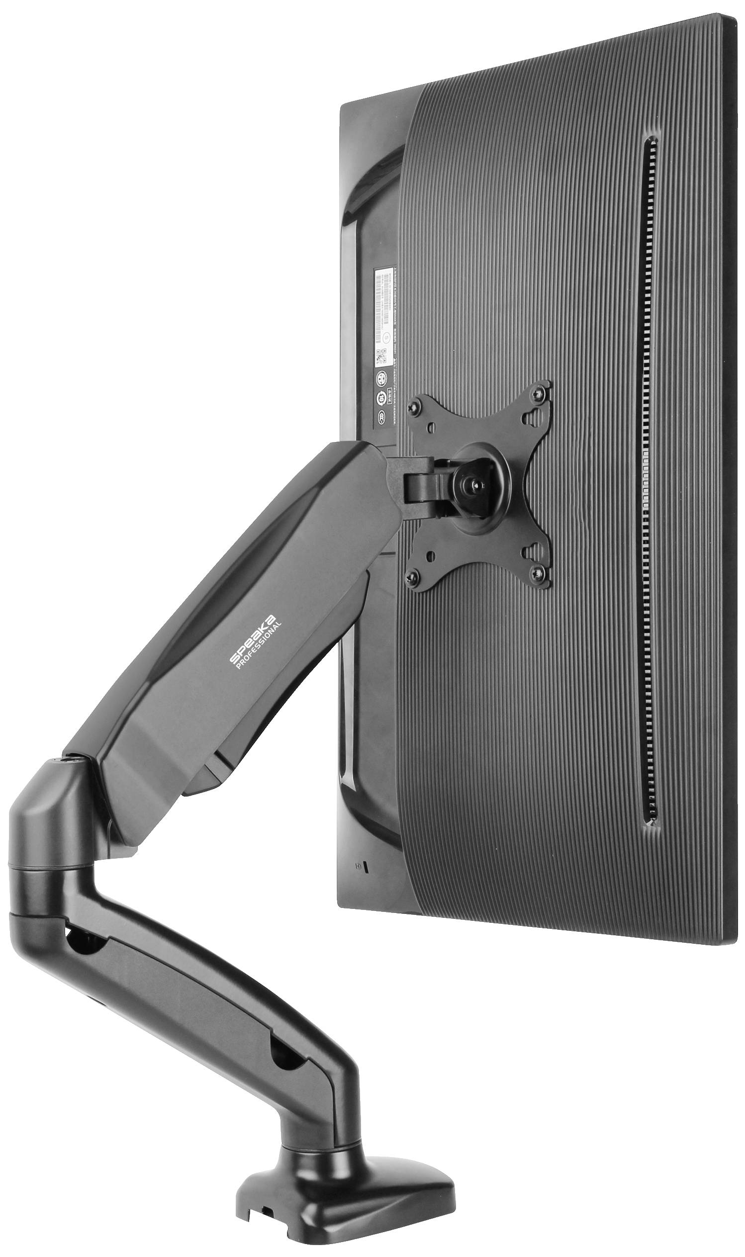 Ein seitlich angebrachter schwarzer Flachbildschirm auf einem verstellbaren Arm, geeignet für ergonomische Arbeitsplatzanpassungen.