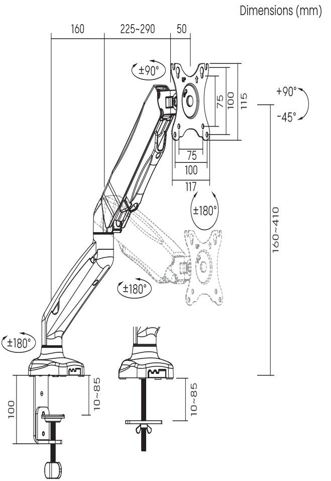 Technische Zeichnung eines Monitorarms mit Maßeinheiten in Millimetern. Der Arm ist verstellbar und zeigt Schwenk- und Neigungswinkel.