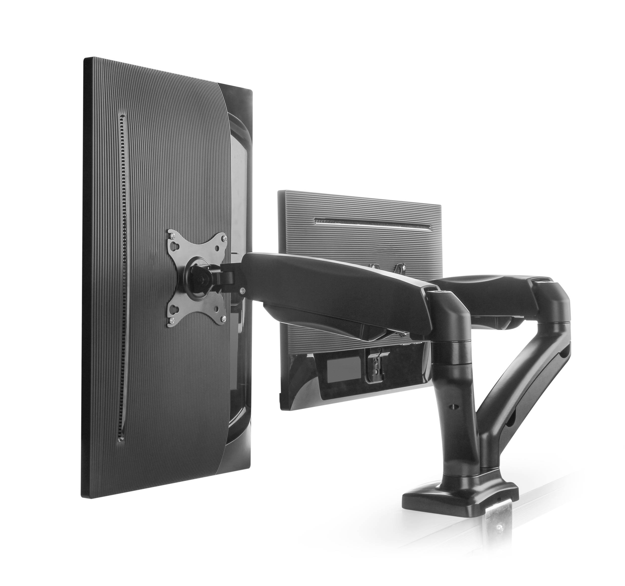 Zwei Monitore an einem flexiblen, verstellbaren Arm, der an einem Schreibtisch angebracht ist, zeigen eine ergonomische Arbeitslösung.