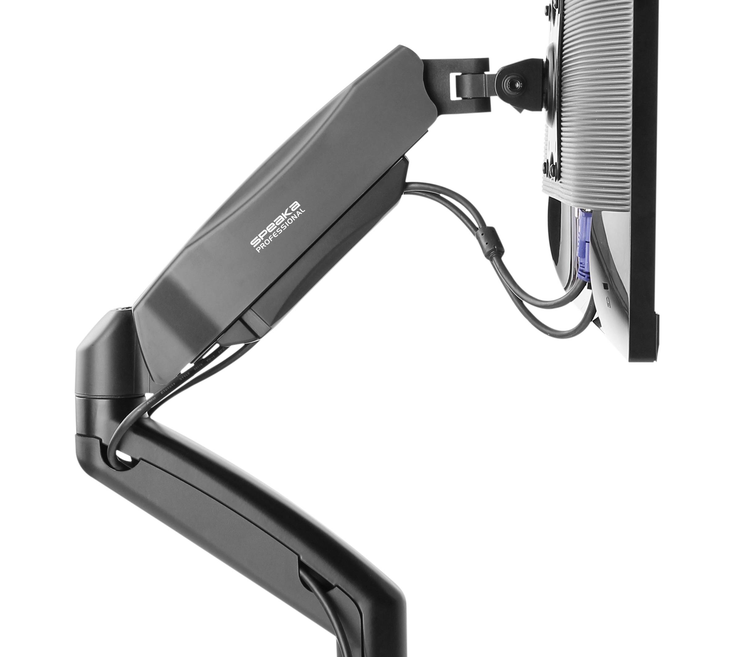 Ein schwarzer Monitorhalter mit einem Schraubmechanismus, der einen Computerbildschirm trägt. Kabel verlaufen ordentlich durch die Halterung.