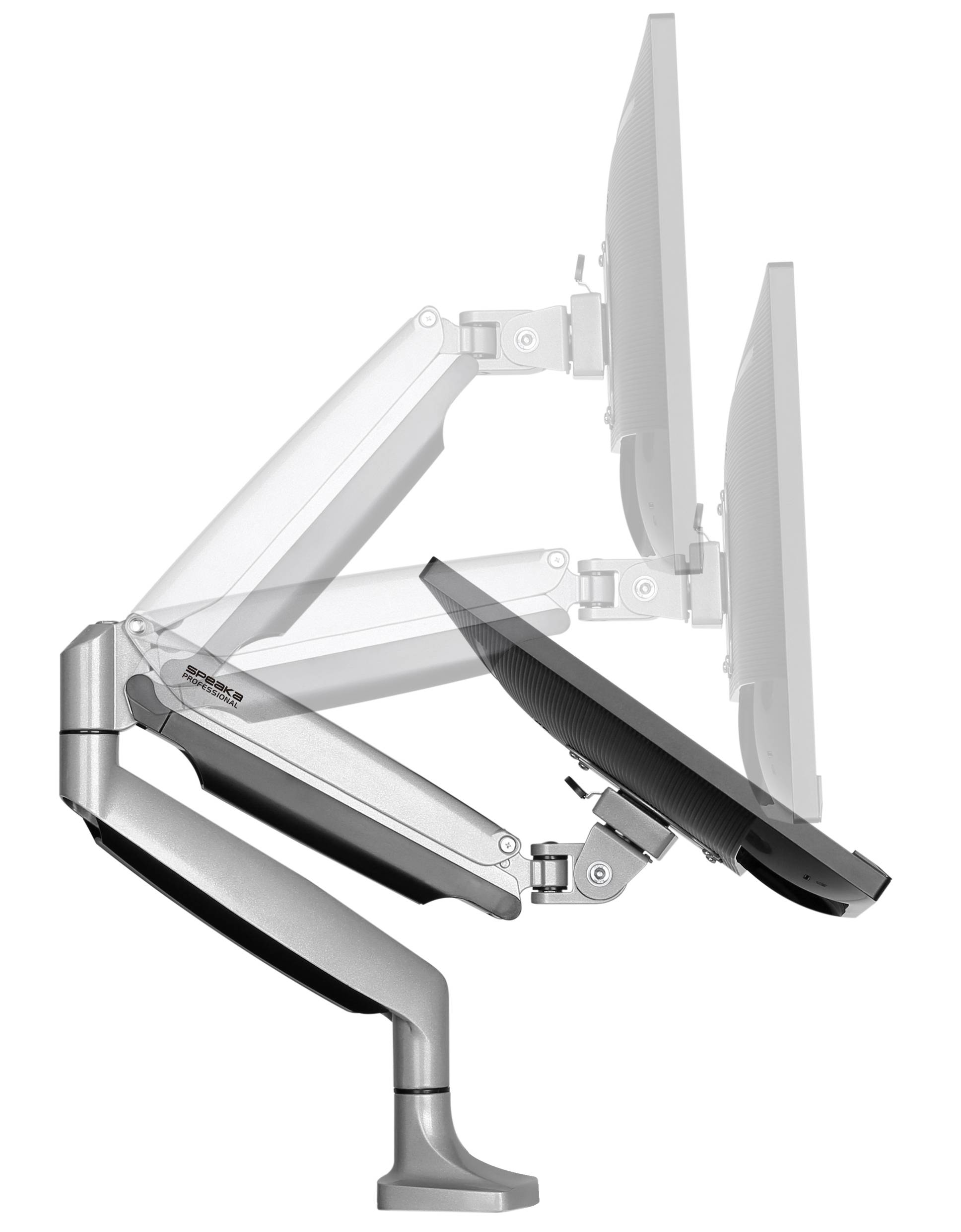 Ein ergonomischer Monitorarm zeigt mehrere Positionen, um die Höhe und den Neigungswinkel eines Monitors anzupassen.