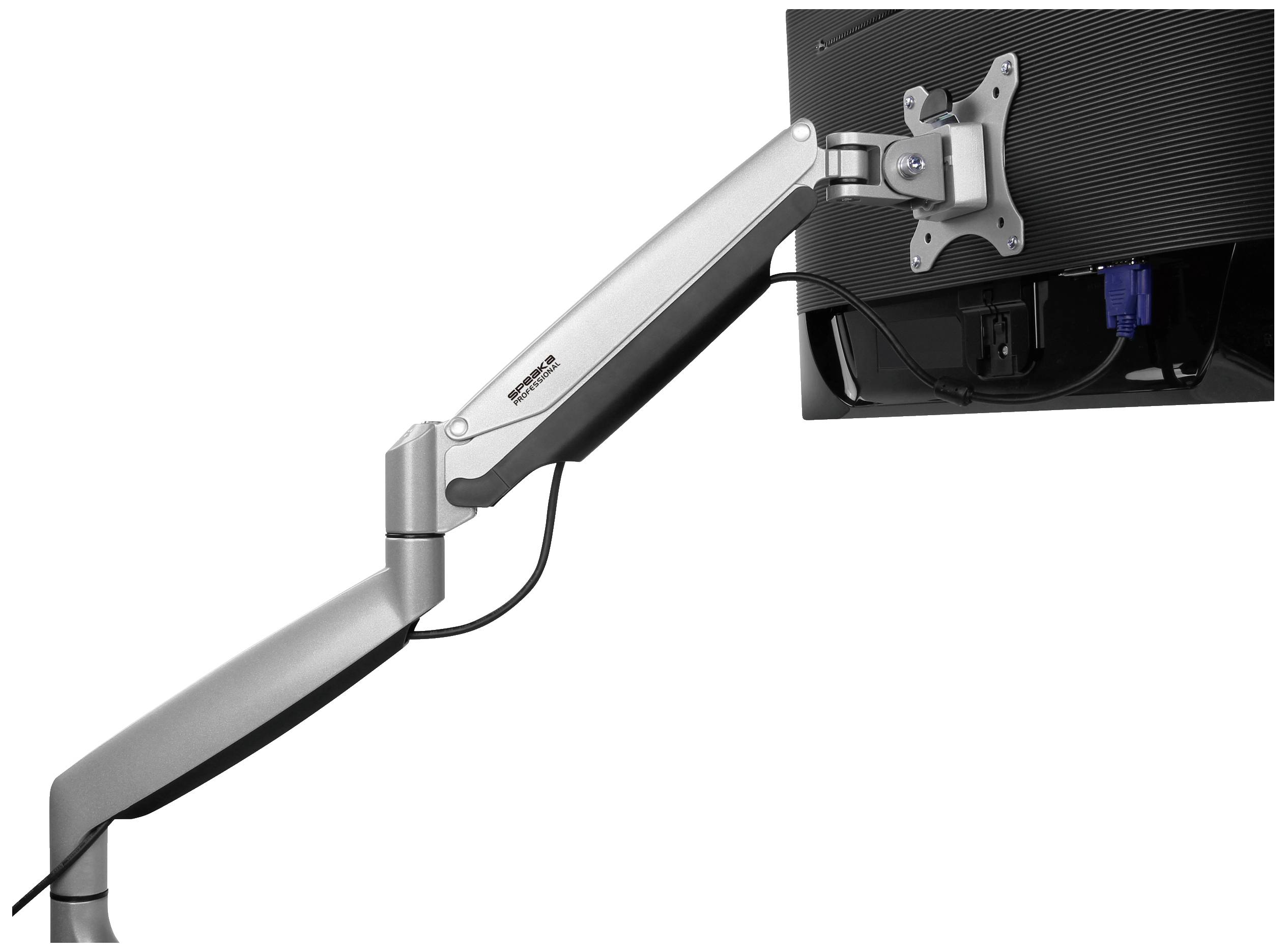 Ein verstellbarer Monitorarm aus Metall hält einen Bildschirm, ermöglicht flexible Positionierung und spart Platz auf dem Schreibtisch.