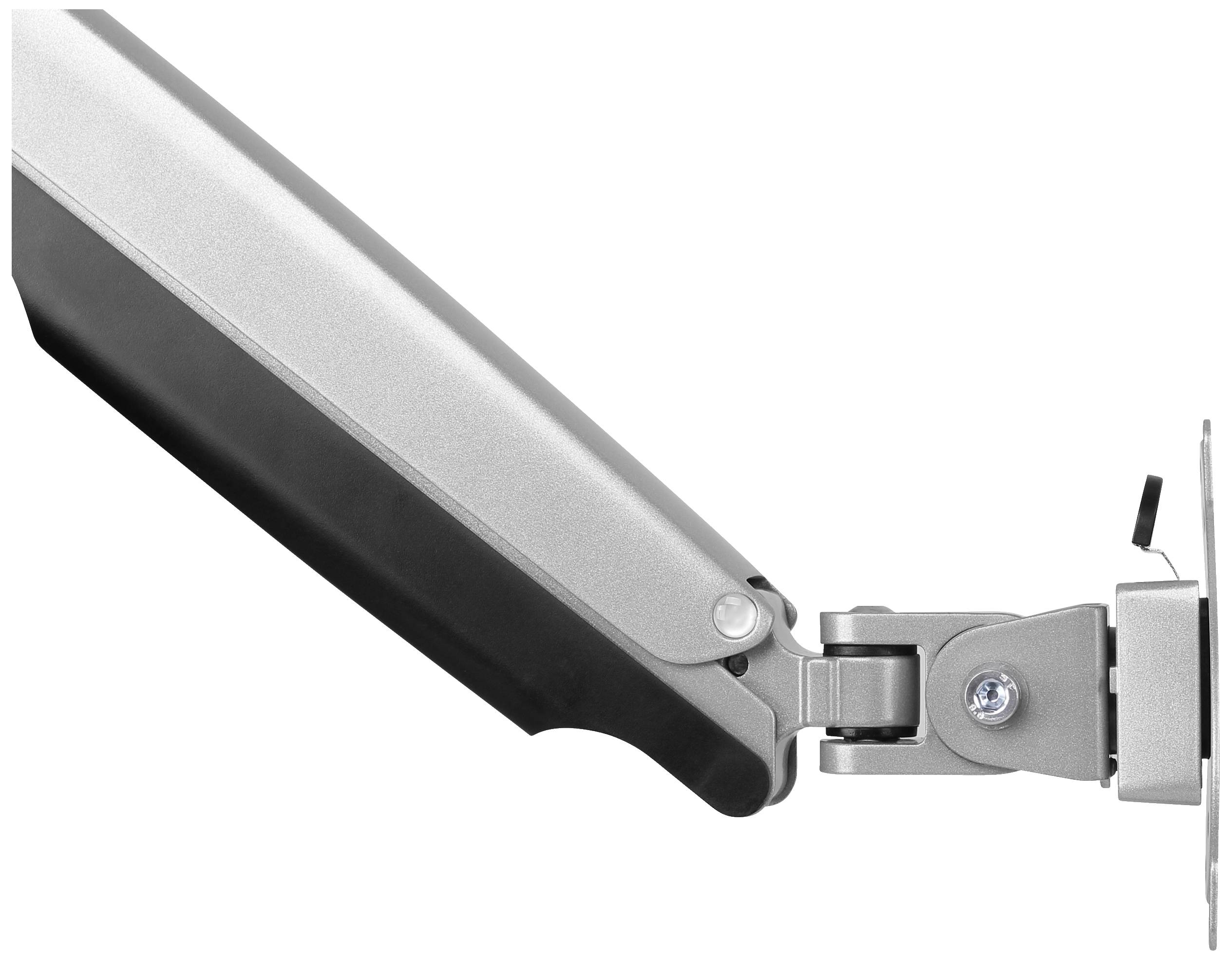 Ein verstellbarer Monitorarm aus Metall mit Gelenk, der an einer vertikalen Oberfläche befestigt ist.