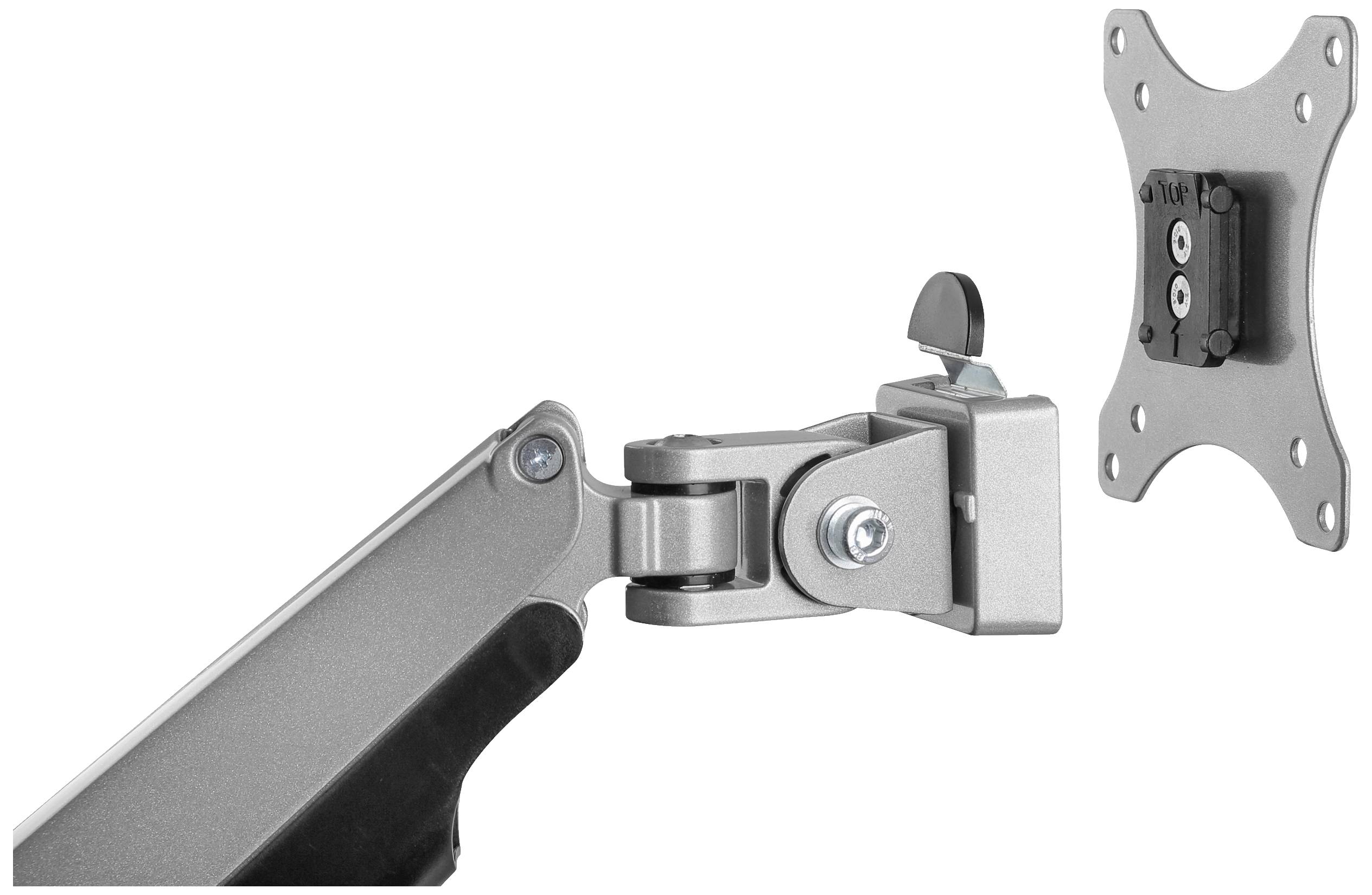 Ein silberfarbener Monitorarm mit beweglichem Gelenk und Wandhalterung, geeignet zum Anbringen eines Monitors an eine Wand.