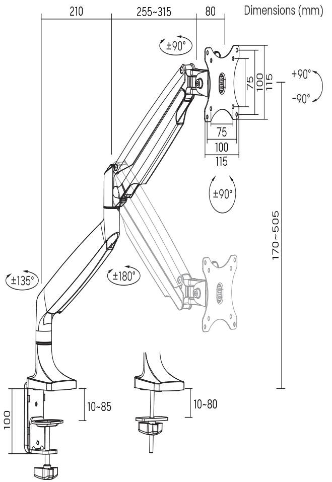 Technische Zeichnung eines schwenkbaren Monitorarms mit Maßen in Millimetern. Zeigt Drehpunkte und Höhenverstellung.
