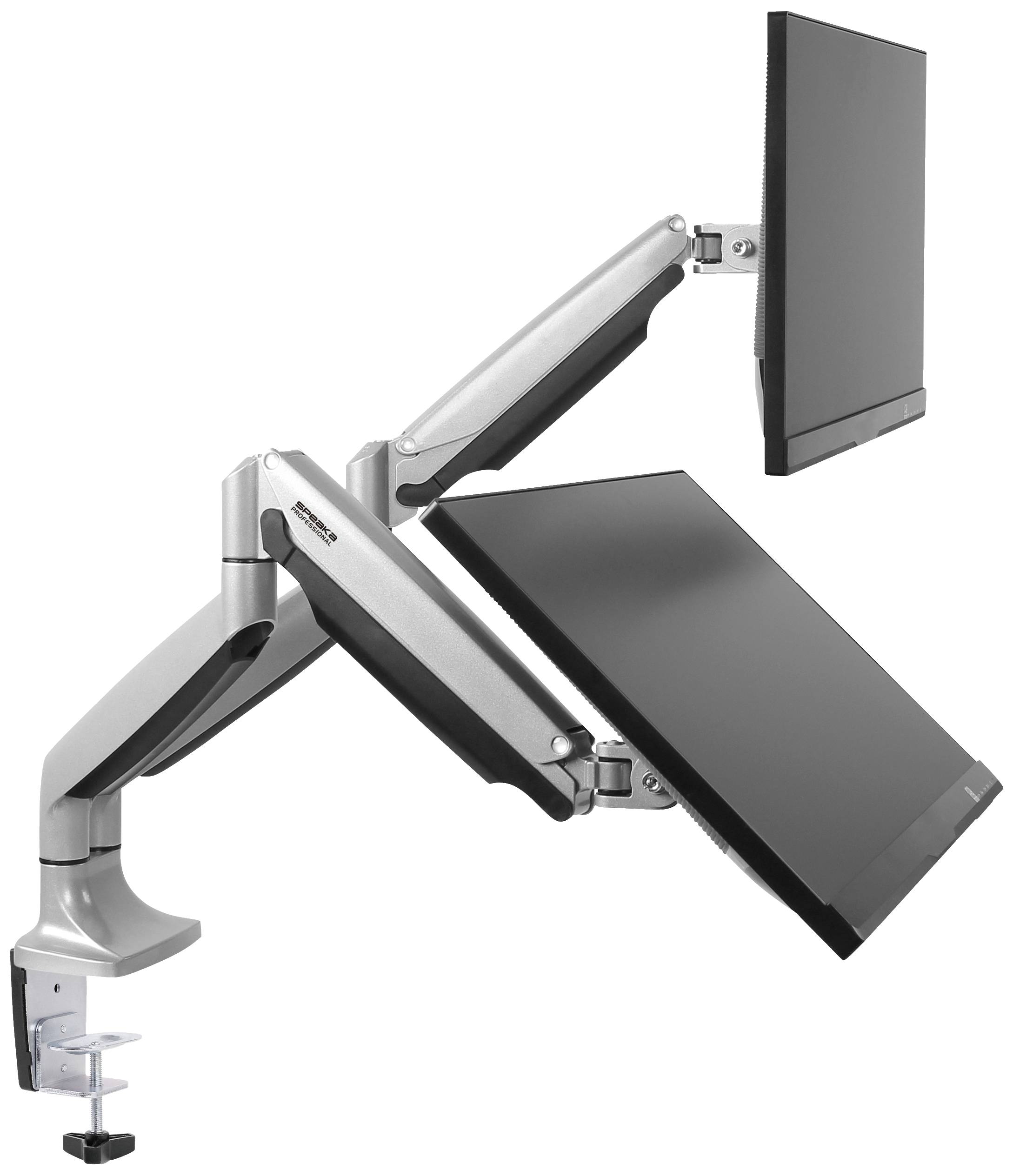 Zwei Computermonitore an verstellbaren, silbernen Schwenkarmen, befestigt an einem Tisch. Die Monitore sind in verschiedene Positionen schwenkbar.
