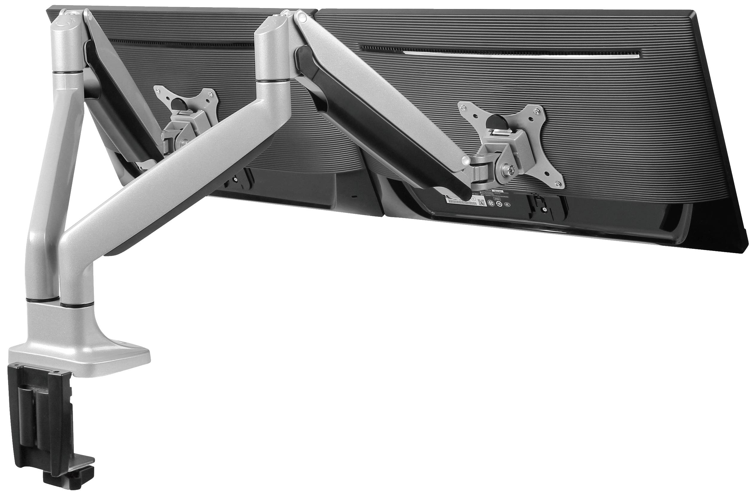 Doppelter Monitorhalter in Silber, der zwei Bildschirme nebeneinander hält, für ergonomische Arbeitsplätze geeignet.