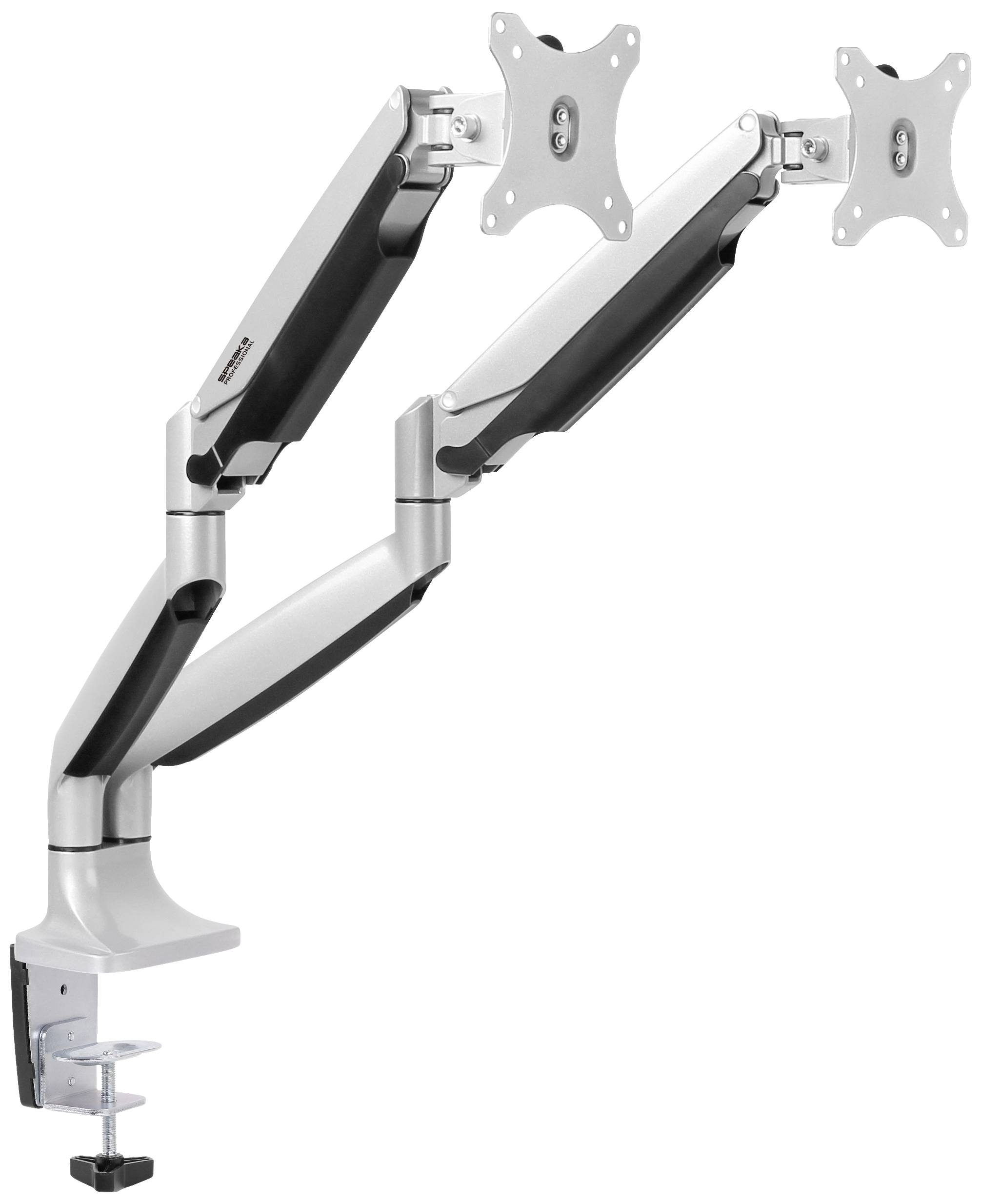 Doppelter Monitorarm aus Metall für Schreibtisch mit Klemme zur Befestigung, geeignet für zwei Monitore.