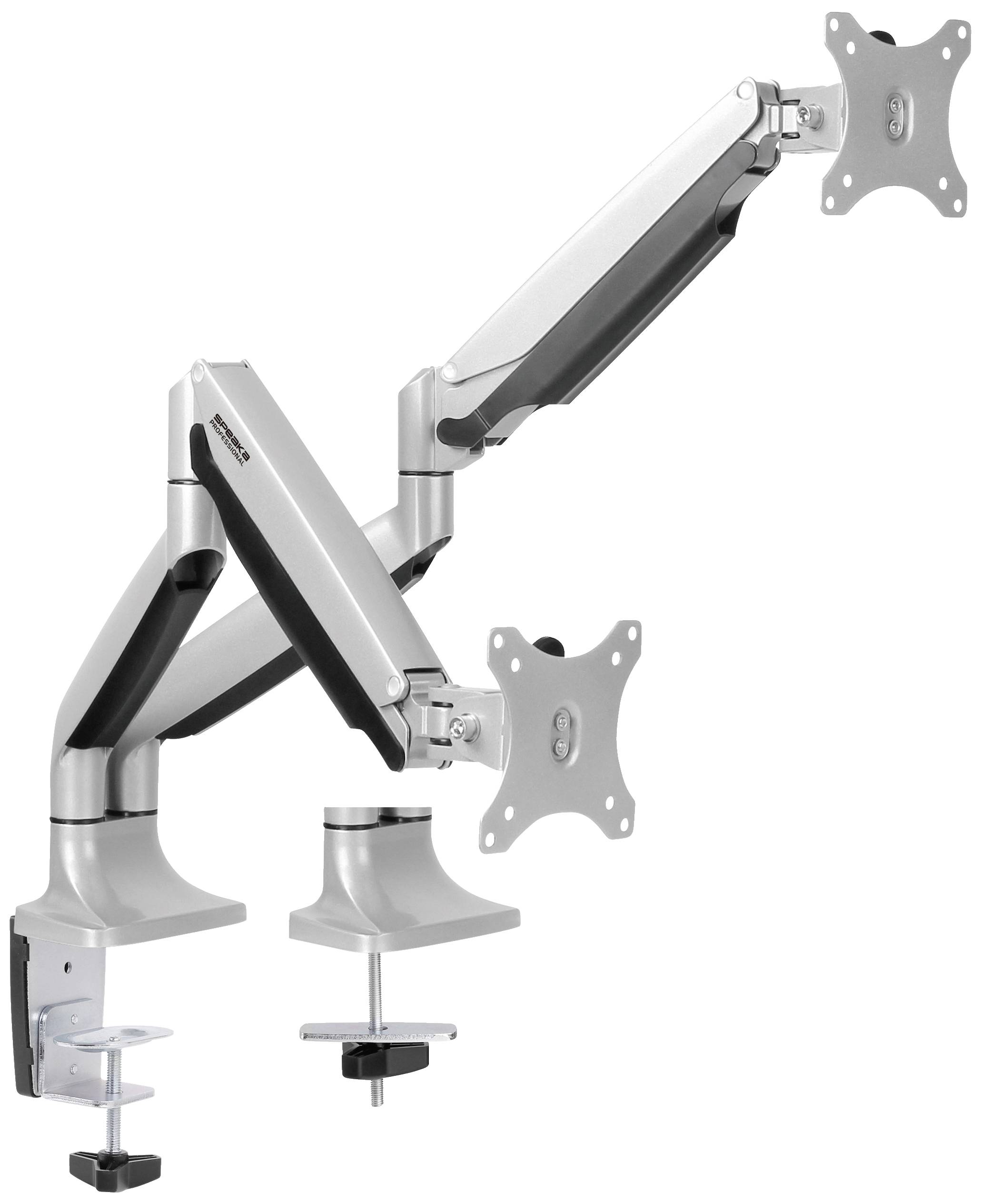 Zwei höhenverstellbare Monitorarme aus Metall mit Klemmbefestigung zur Montage an einem Schreibtisch. Geeignet für ergonomisches Arbeiten.