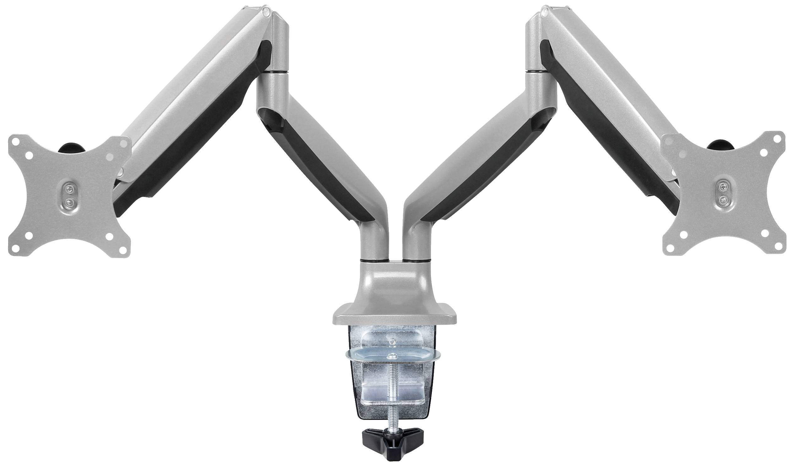 Doppelter Monitorhalterungsarm in Grau mit zentraler Klemme zur Befestigung, ermöglicht zwei Bildschirme nebeneinander zu montieren.