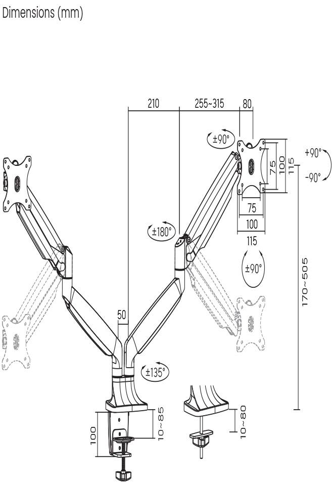 Technische Zeichnung eines Monitorarms mit flexiblen Gelenken. Maße in Millimetern: 170–605 Höhe, 255–315 Breite. Schwenk- und Neigungswinkel angegeben.