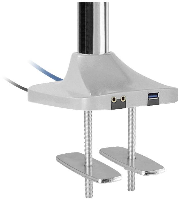 Ein silberner Mikrofonarm mit verstellbarer Tischklemme und integrierter USB- und Audio-Buchse, geeignet zur Befestigung an flachen Oberflächen.