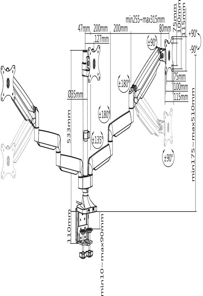 Technische Zeichnung von einem dreifachen Monitorhalter. Zeigt Abmessungen, Drehwinkel und Einstellmöglichkeiten der Haltearme.