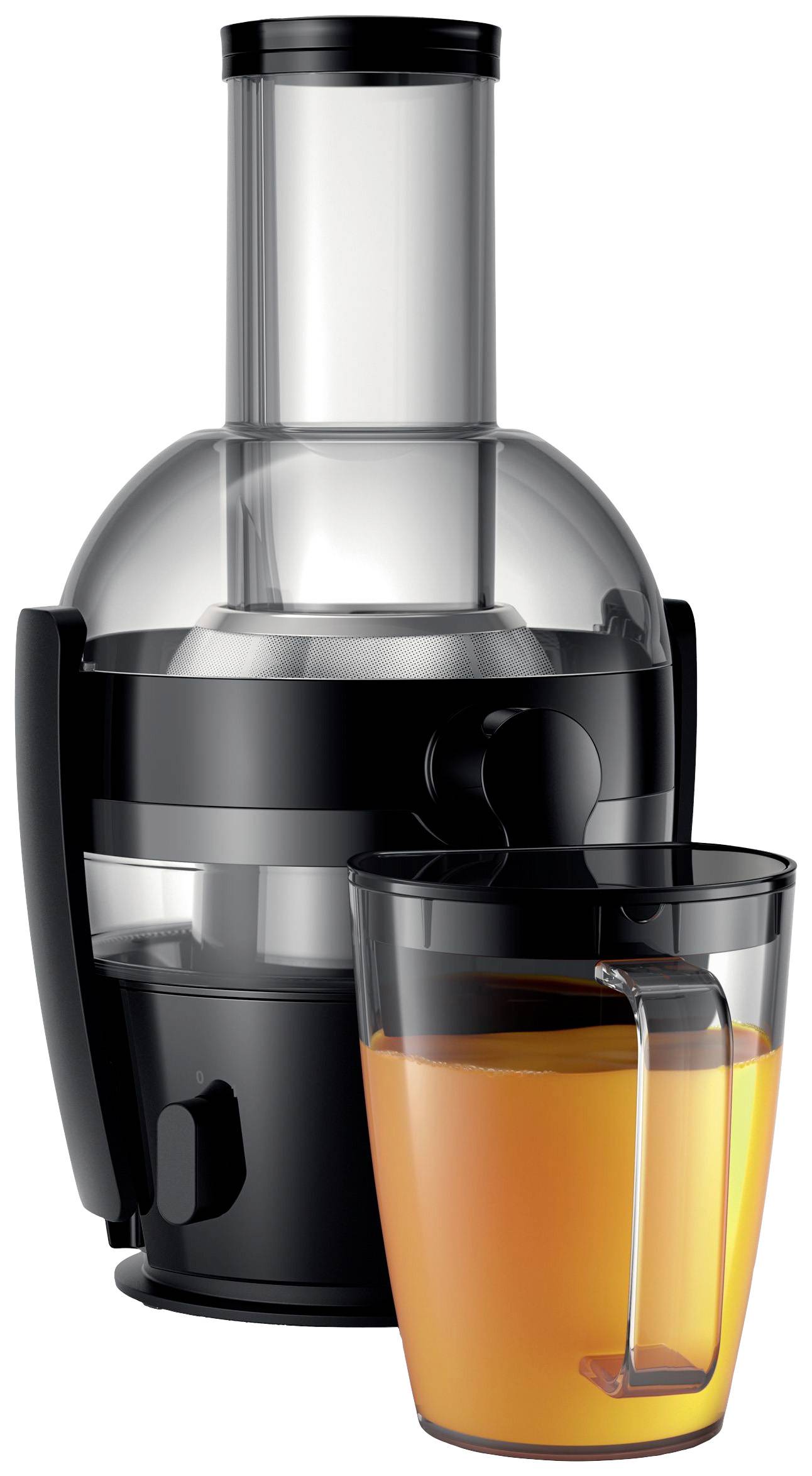 Schwarzer Entsafter mit einem Glas frisch gepresstem, orangefarbenem Saft davor.