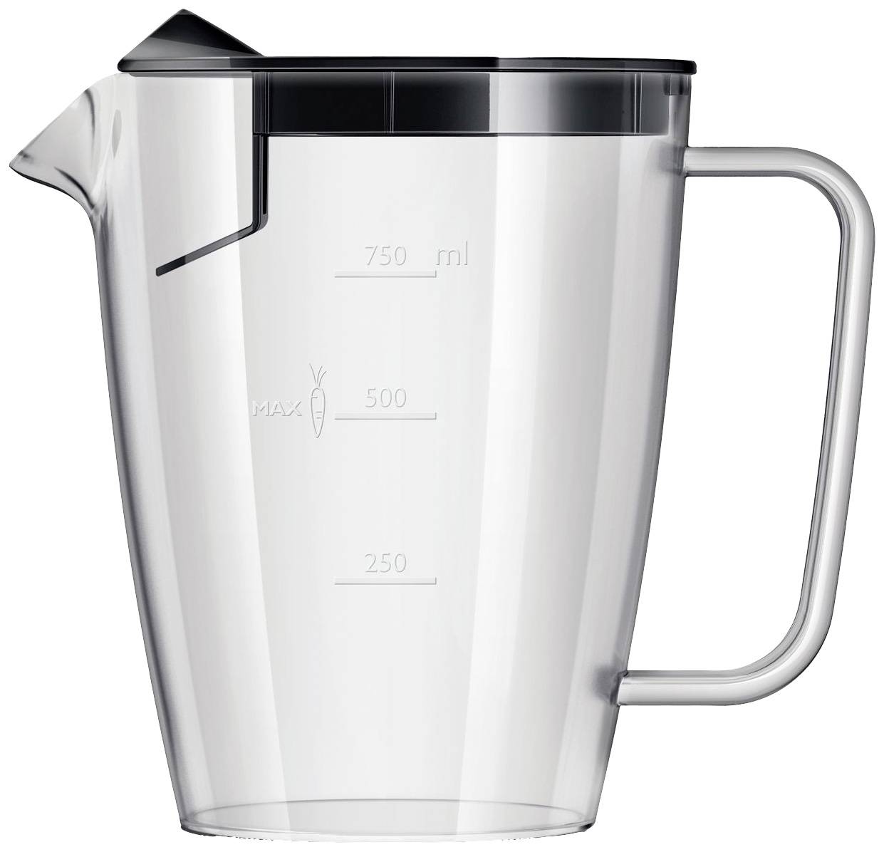 Transparenter Messbecher mit Skala für 250, 500 und 750 ml, mit Ausgießer und schwarzem Deckel.