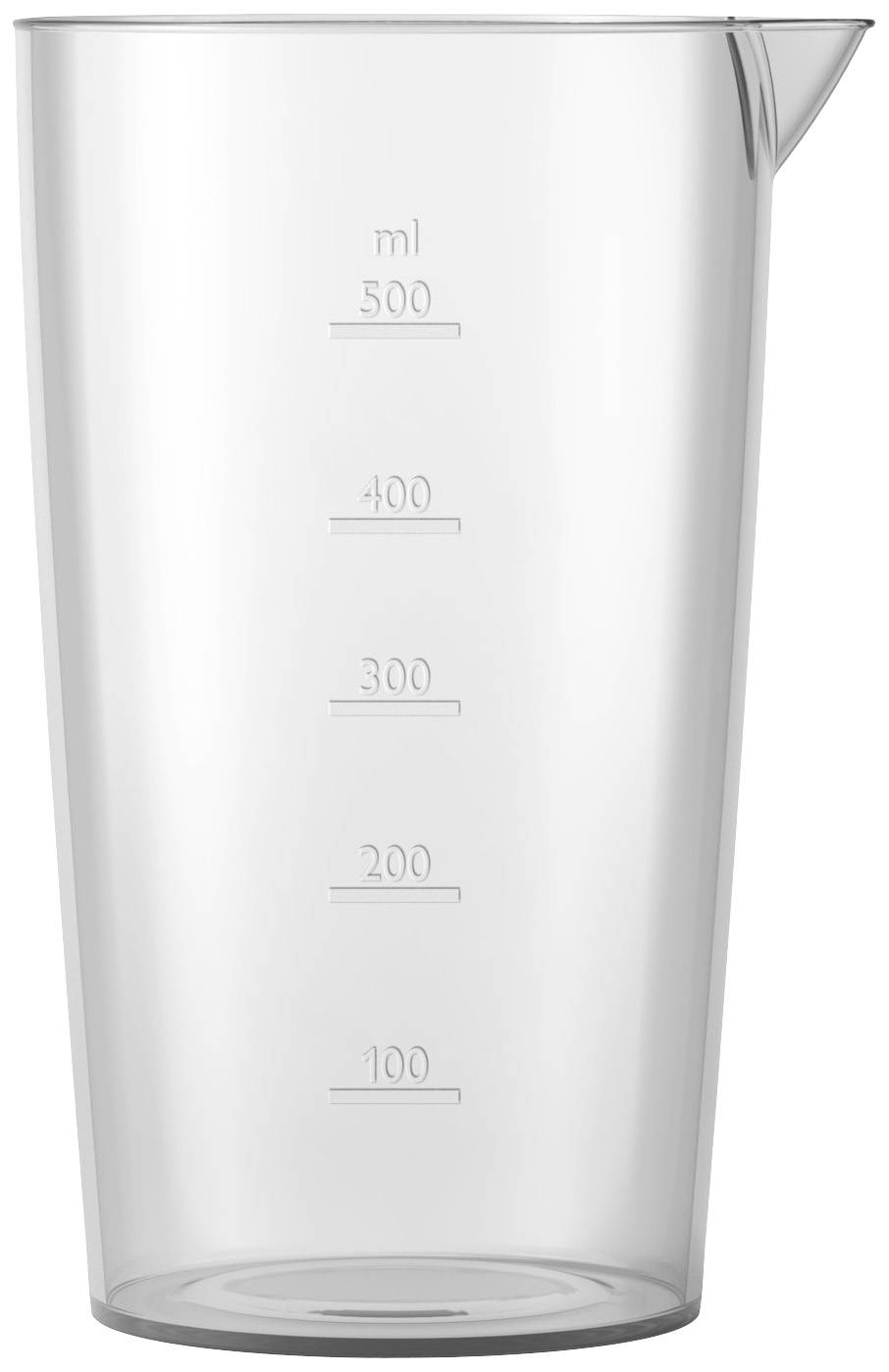 Messbecher mit einer Kapazität von 500 ml, transparentes Material, mit Skala in 100-ml-Schritten.