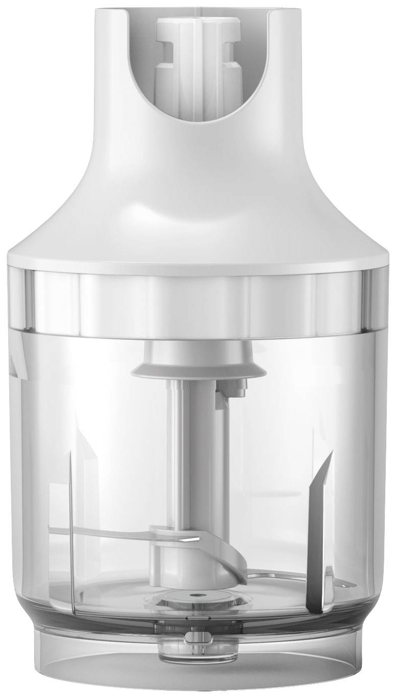 Ein transparenter Küchenhäcksler mit weißem Gehäuse zeigt innenliegende Klingen und Mechanik, geeignet zum Zerkleinern von Zutaten.