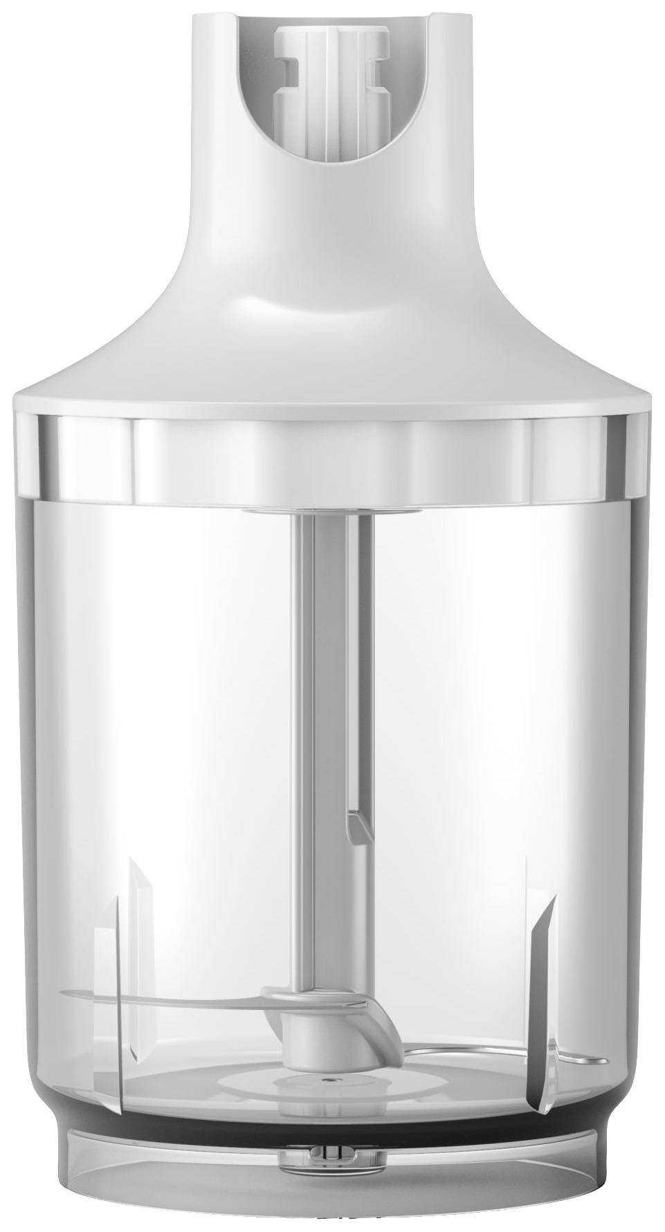 Ein weißer Mixeraufsatz mit durchsichtigem Behälter, geeignet zum Zerkleinern von Lebensmitteln.